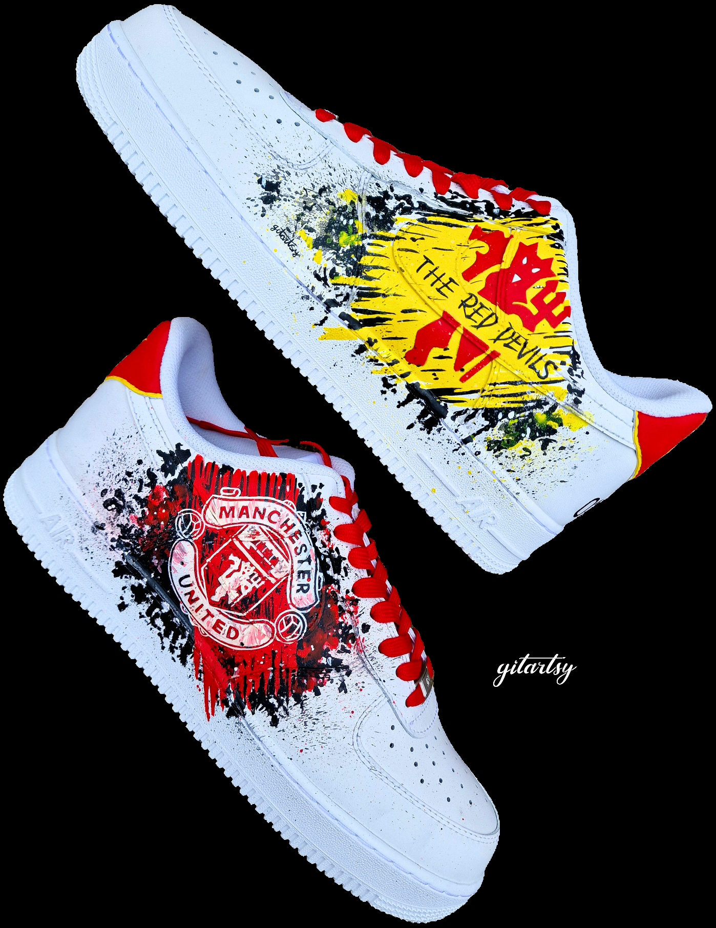 Hand-painted Manchester United custom Nike Air Force 1 sneakers featuring bold paint brushstroke splatter art in red, black, and yellow, the Manchester United crest on one shoe, and a striking “The Red Devils” graphic on the other side. Premium white leather shoes with red laces, individually crafted for die-hard fans and collectors.

