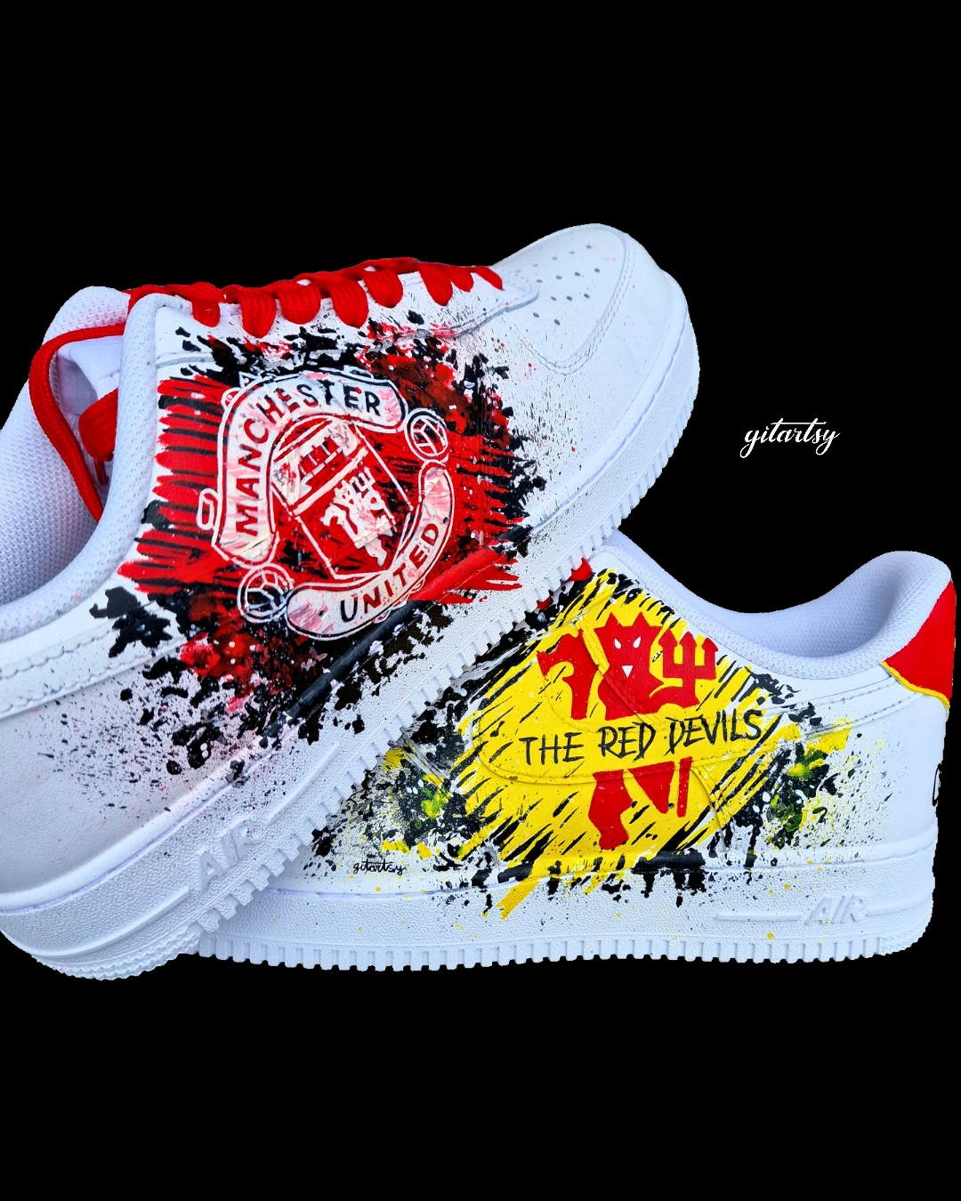Hand-painted Manchester United custom Nike Air Force 1 sneakers featuring bold paint brushstroke splatter art in red, black, and yellow, the Manchester United crest on one shoe, and a striking “The Red Devils” graphic on the other side. Premium white leather shoes with red laces, individually crafted for die-hard fans and collectors.

