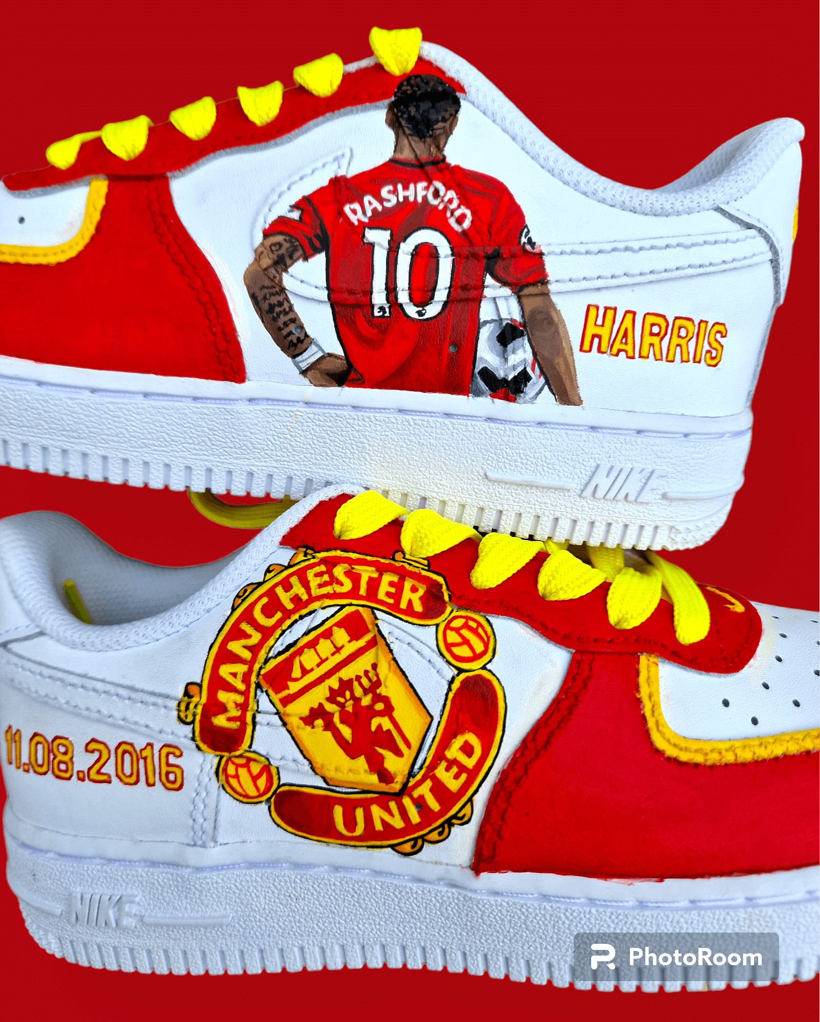Hand-painted custom sneakers featuring the Manchester United crest, Marcus Rashford kit illustration, and personalized details on a red, yellow, and white theme; perfect for football fans.

