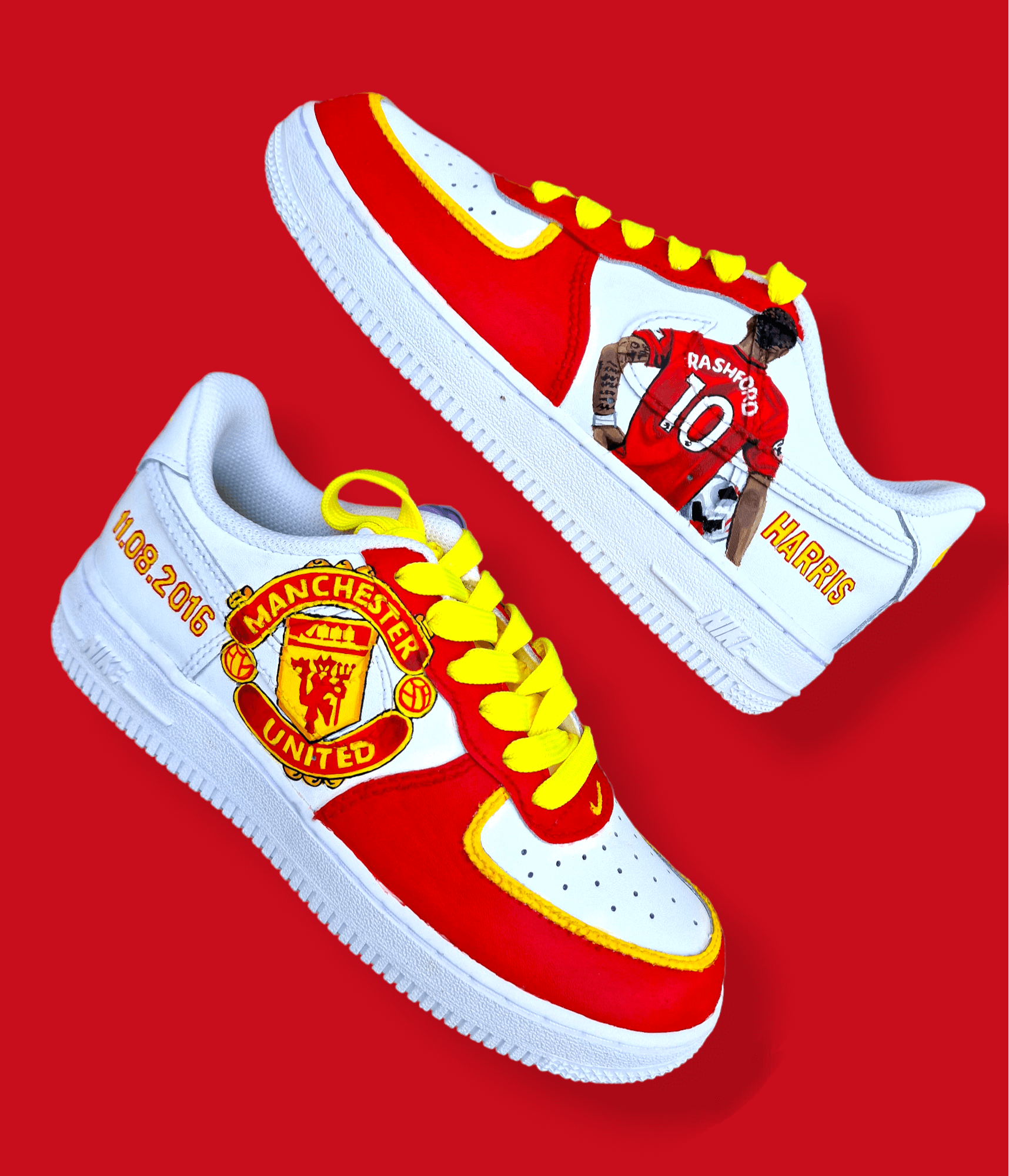 Hand-painted custom sneakers featuring the Manchester United crest, Marcus Rashford kit illustration, and personalized details on a red, yellow, and white theme; perfect for football fans.

