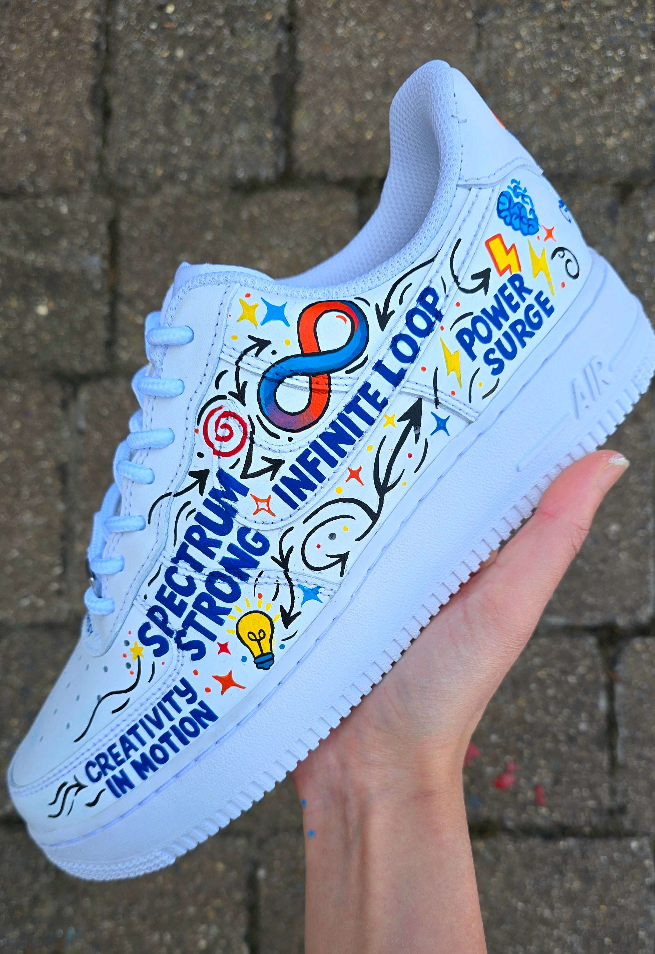 Custom hand-painted Nike Air Force 1 sneakers featuring a vibrant ADHD and Autism awareness design. Includes colourful puzzle pieces, infinity symbols, inspirational typography, and Chelsea FC Foundation branding. Crafted using waterproof and UV-protected leather paints for long-lasting wear. Each pair is unique, representing creativity, inclusivity, and neurodiversity. Perfect for collectors, awareness events, and personal expression.

