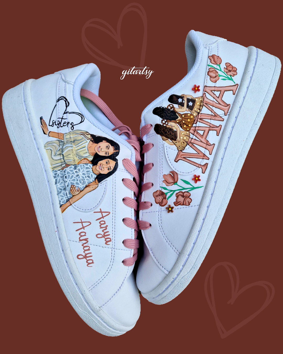 Custom hand-painted Nike sneakers featuring a realistic portrait of a mother and her daughters, personalized names, floral details, and loving elements like “Mama” and “Ba.” Crafted in white leather with pink swooshes and laces, these shoes are a perfect Mother’s Day gift showcasing unique wearable art.

