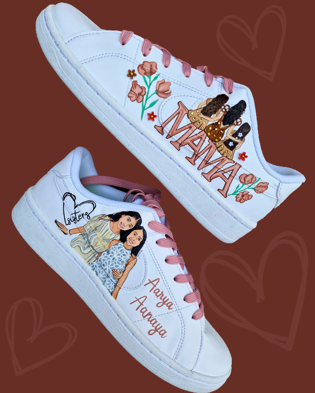 Custom hand-painted Nike sneakers featuring a realistic portrait of a mother and her daughters, personalized names, floral details, and loving elements like “Mama” and “Ba.” Crafted in white leather with pink swooshes and laces, these shoes are a perfect Mother’s Day gift showcasing unique wearable art.

