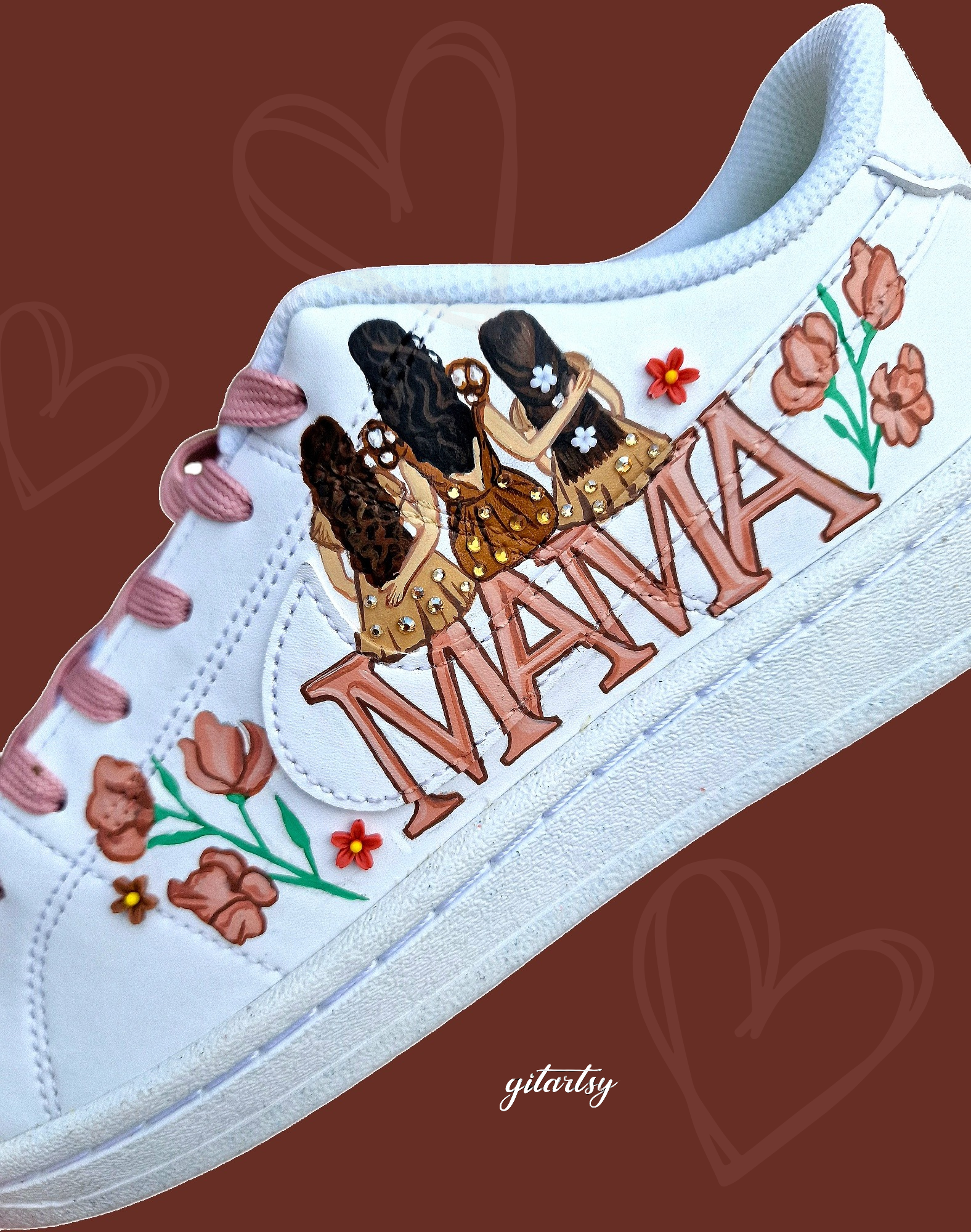 Custom hand-painted Nike sneakers featuring a realistic portrait of a mother and her daughters, personalized names, floral details, and loving elements like “Mama” and “Ba.” Crafted in white leather with pink swooshes and laces, these shoes are a perfect Mother’s Day gift showcasing unique wearable art.

