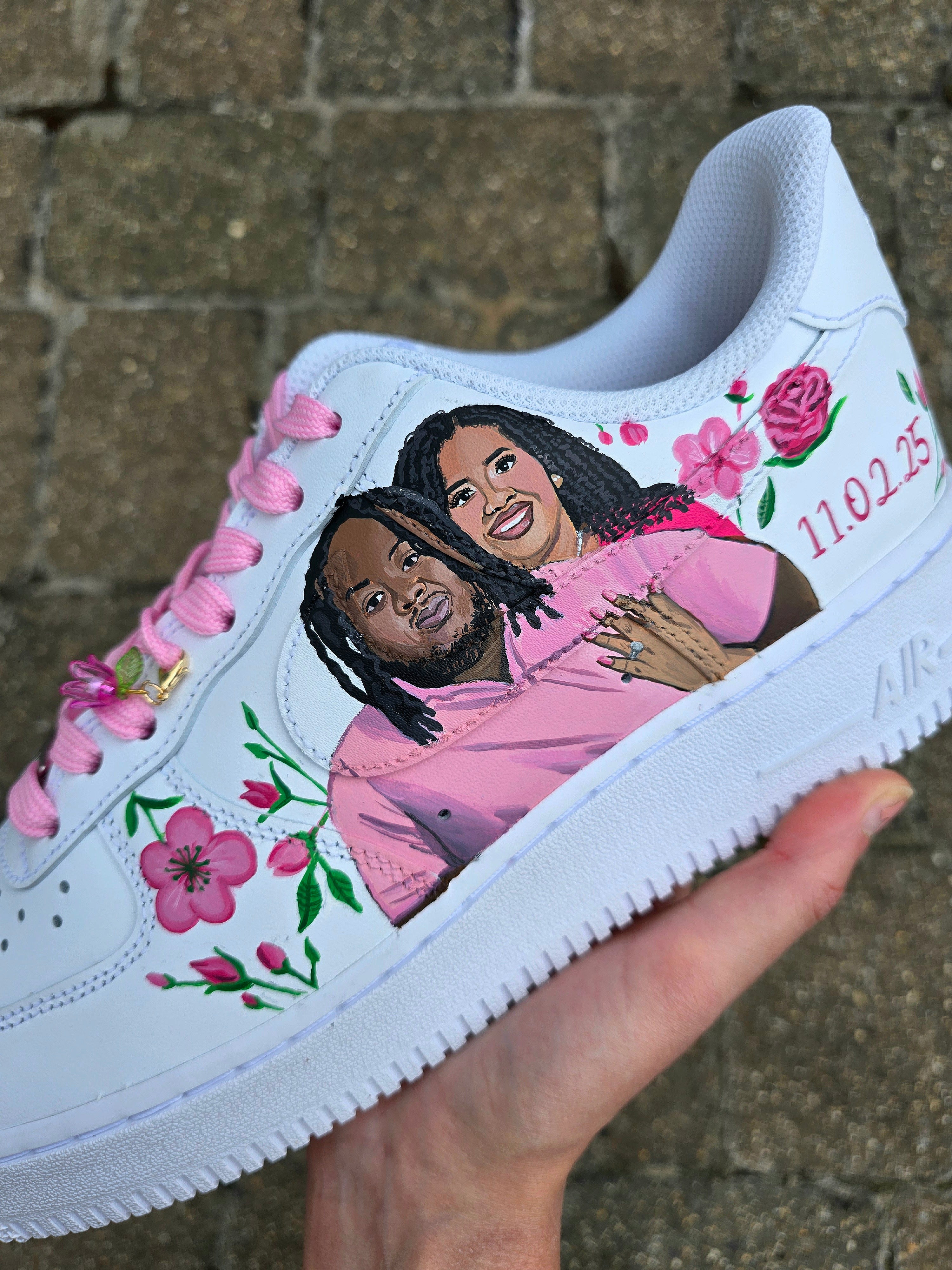Hand-painted custom Nike Air Force 1 wedding sneakers featuring "Mr. & Mrs." text, pink floral artwork, optional bride and groom portrait, and romantic personalized detailing; ideal for weddings, anniversaries, and bridal events; white AF1 base with pink laces and custom florals.

