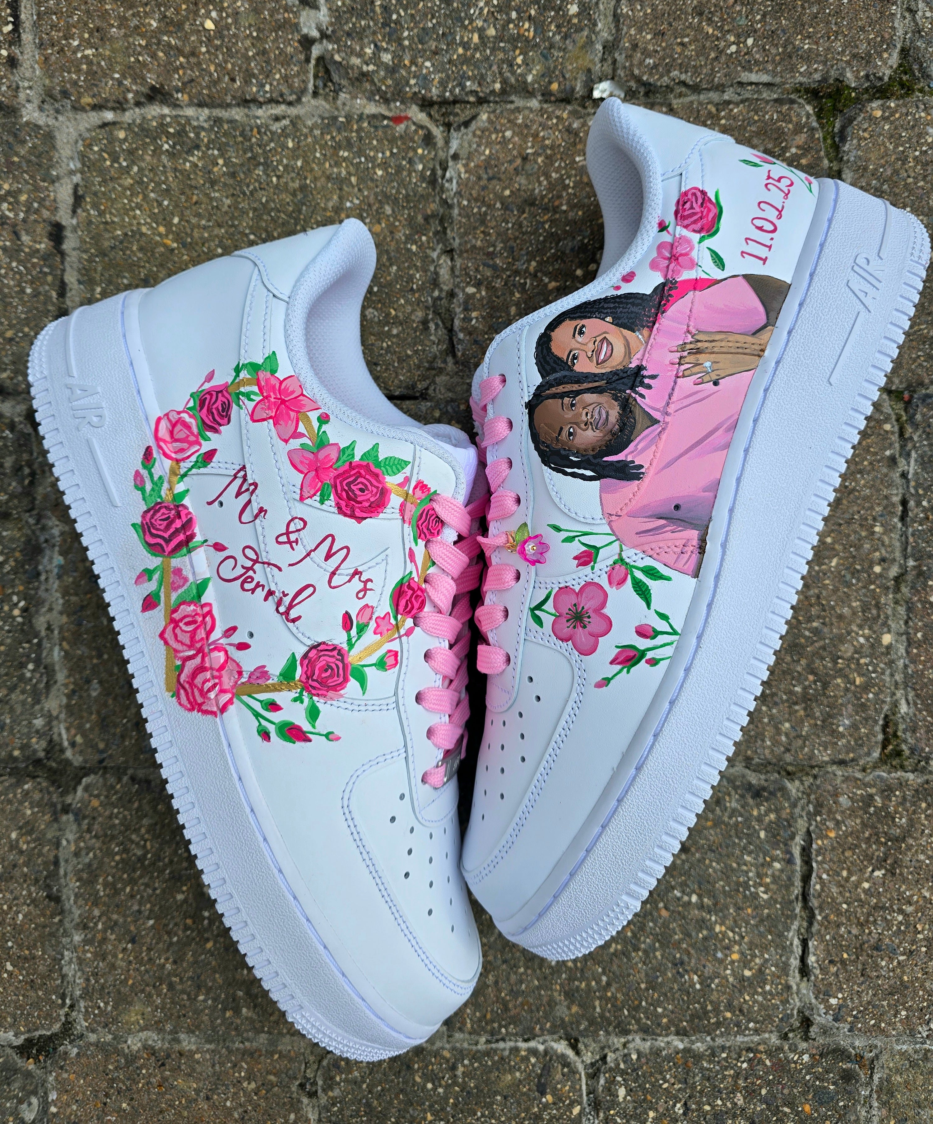 Hand-painted custom Nike Air Force 1 wedding sneakers featuring "Mr. & Mrs." text, pink floral artwork, optional bride and groom portrait, and romantic personalized detailing; ideal for weddings, anniversaries, and bridal events; white AF1 base with pink laces and custom florals.

