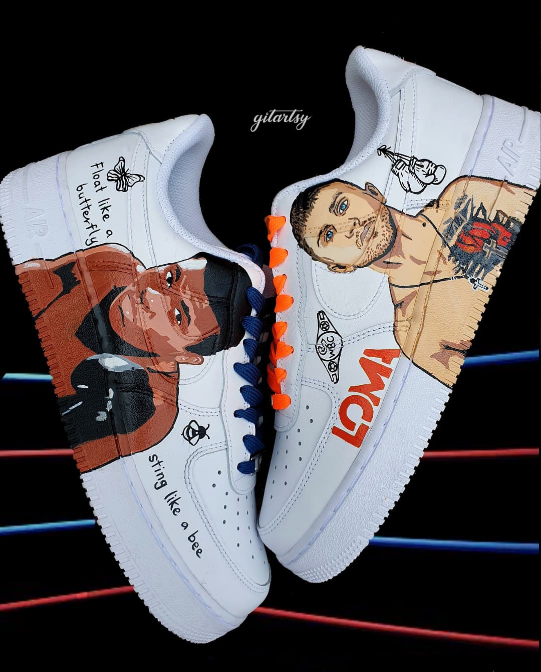 "Hand-painted Nike Air Force 1 sneakers featuring detailed portraits of boxing legends Muhammad Ali and Vasiliy Lomachenko, custom artwork with boxing gloves, quotes, and championship symbols, by Gitartsy."

