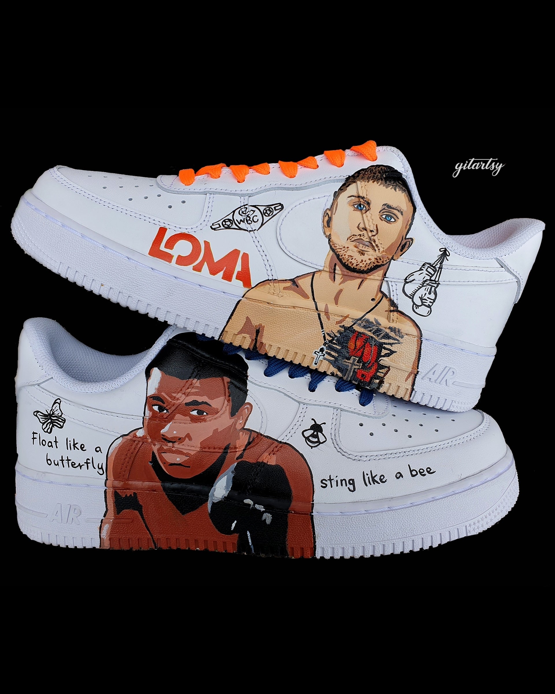 "Hand-painted Nike Air Force 1 sneakers featuring detailed portraits of boxing legends Muhammad Ali and Vasiliy Lomachenko, custom artwork with boxing gloves, quotes, and championship symbols, by Gitartsy."

