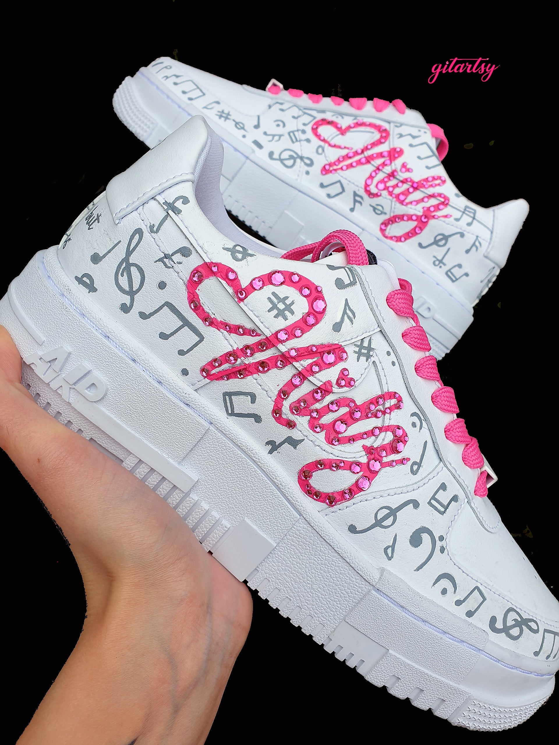 Musician name brand NIDZ with music notes -  custom hand painted sneakers for businesses and brands  - unique branding shoes 