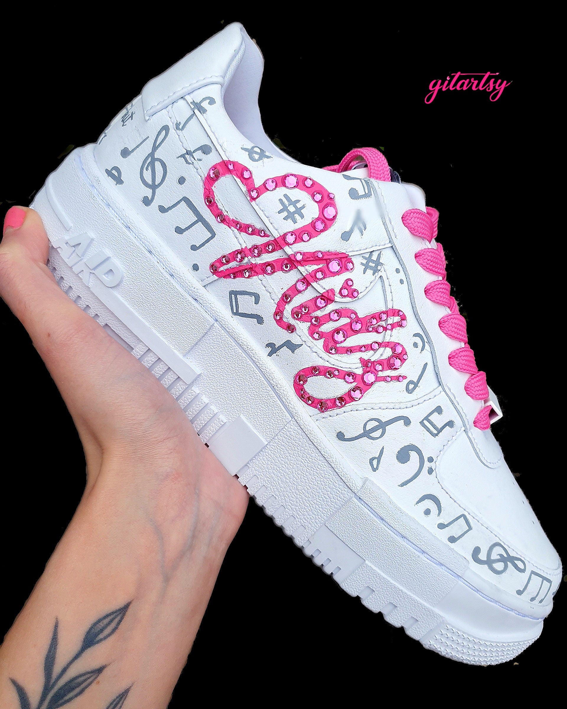 Musician name brand NIDZ with music notes -  custom hand painted sneakers for businesses and brands  - unique branding shoes 
