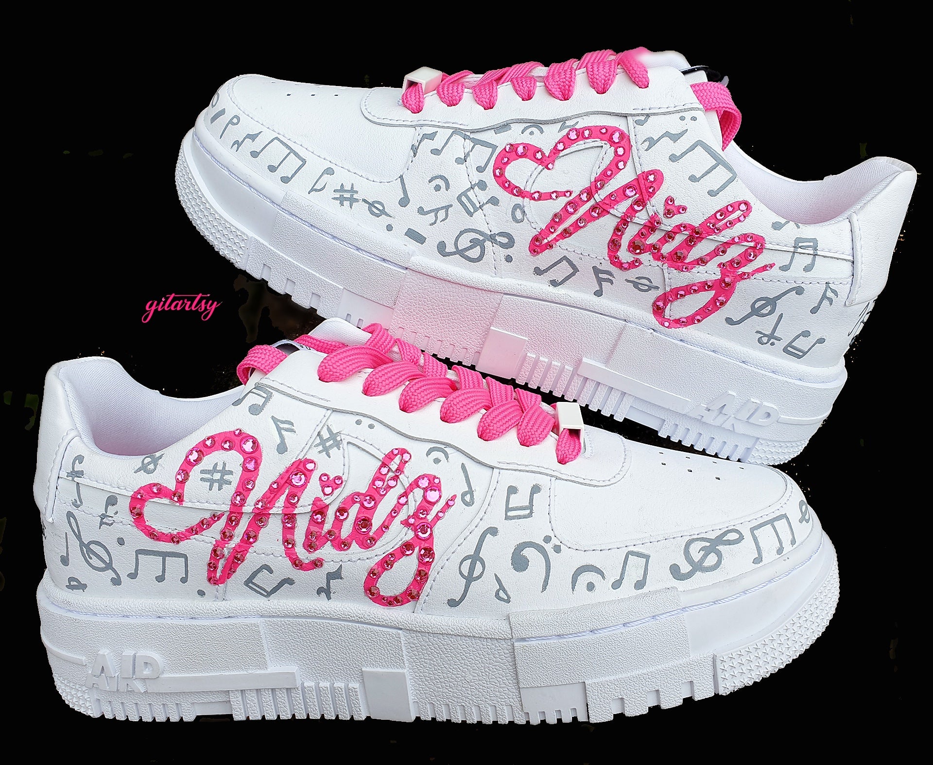 Musician name brand NIDZ with music notes -  custom hand painted sneakers for businesses and brands  - unique branding shoes 
