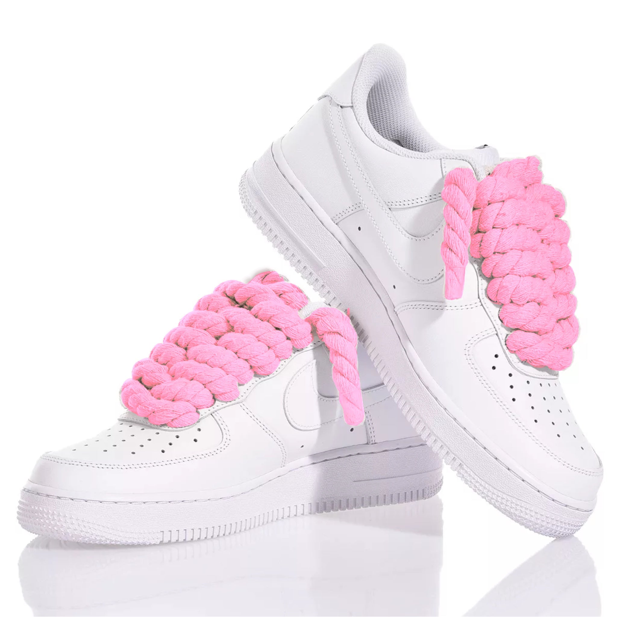 Nike AF1 with Thick Rope Laces – Custom Drilled Design. Pink 10 mm rope laces inserted in classic white Nike AF1 sneakers 