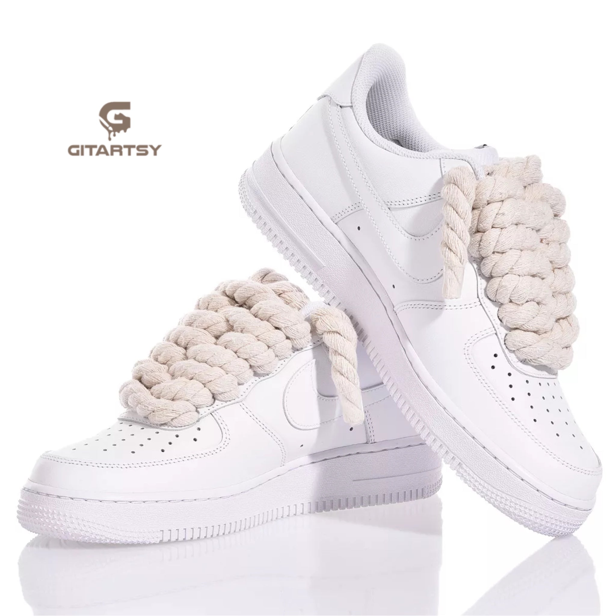 Nike AF1 with Thick Rope Laces – Custom Drilled Design. Beige 10 mm rope laces inserted in classic white Nike AF1 sneakers 
