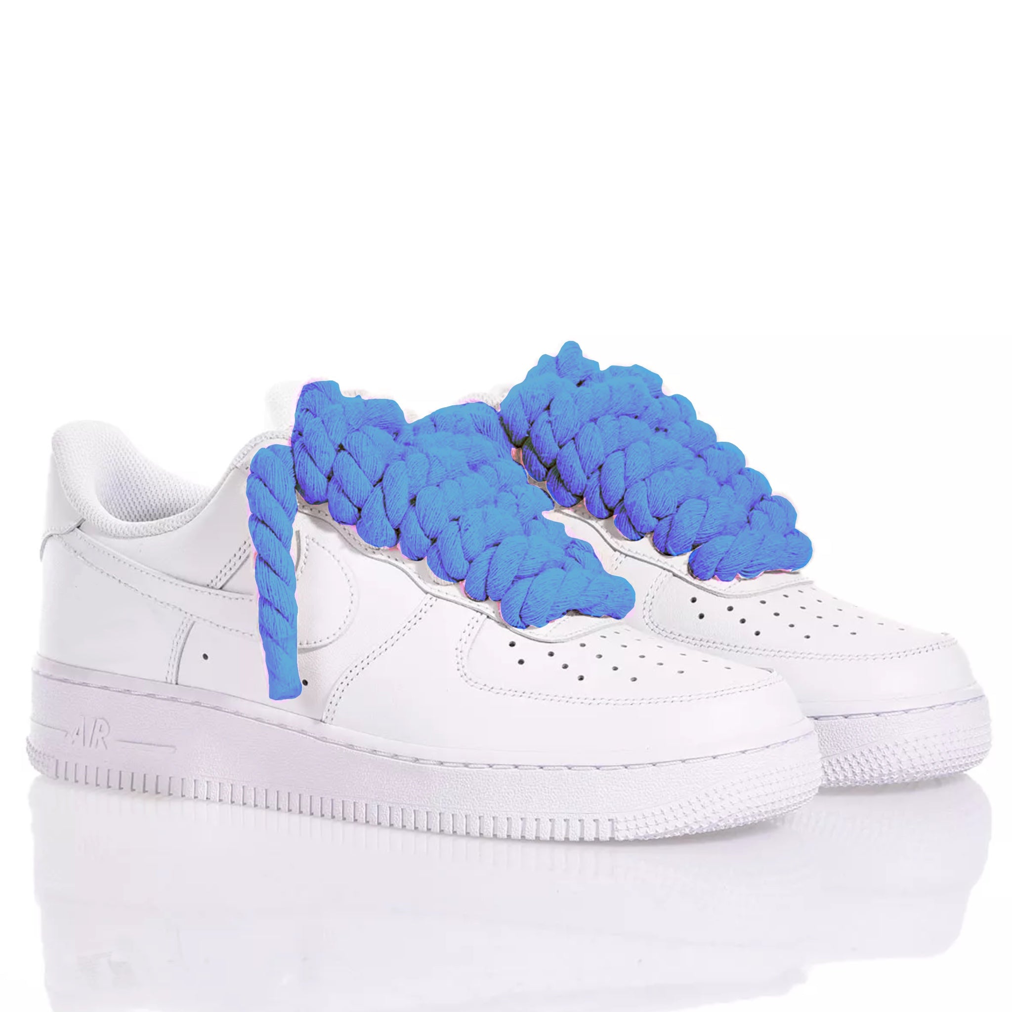 Nike AF1 with Thick Rope Laces – Custom Drilled Design with Royal Blue shoelaces in white sneakers. 