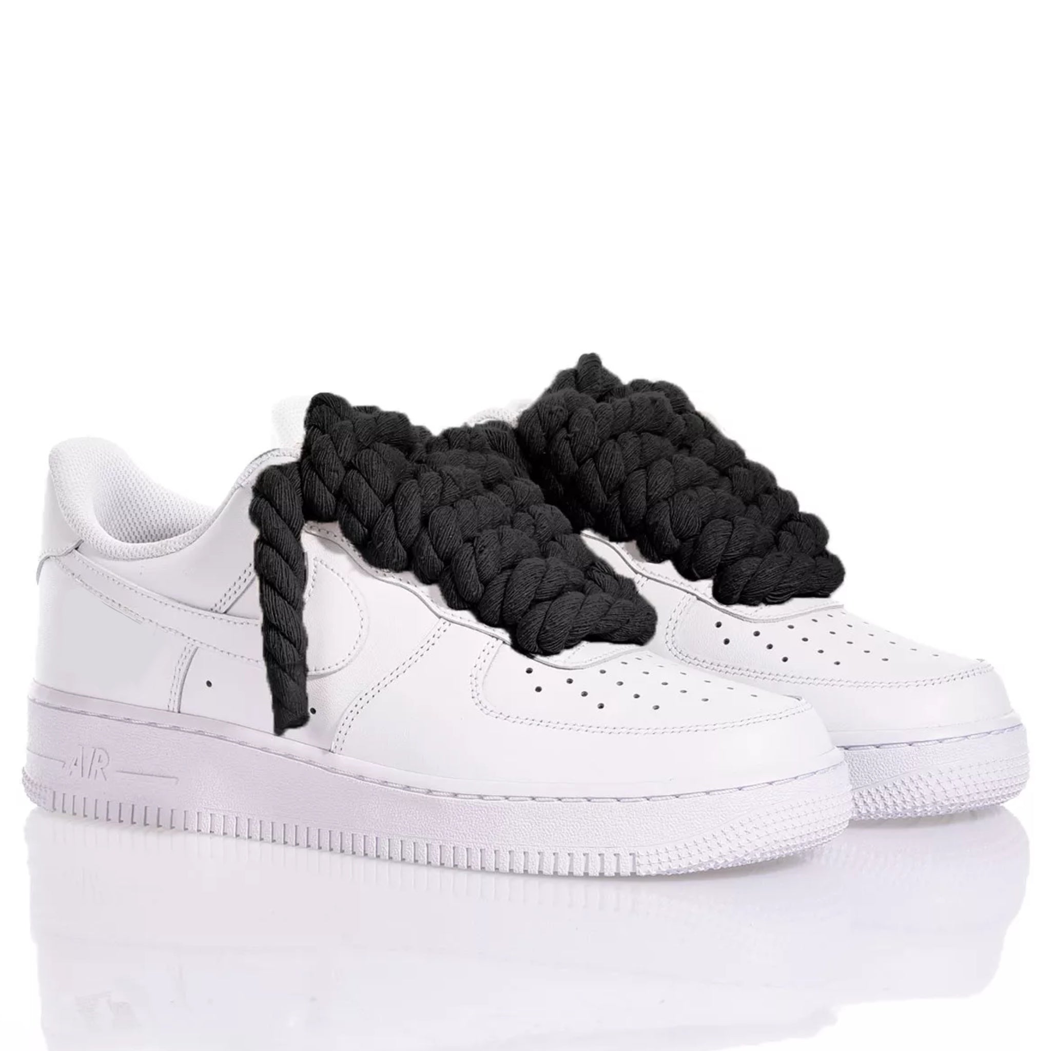 Nike AF1 with Thick Rope Laces – Custom Drilled Design. Black 10 mm rope laces inserted in classic white Nike AF1 sneakers 