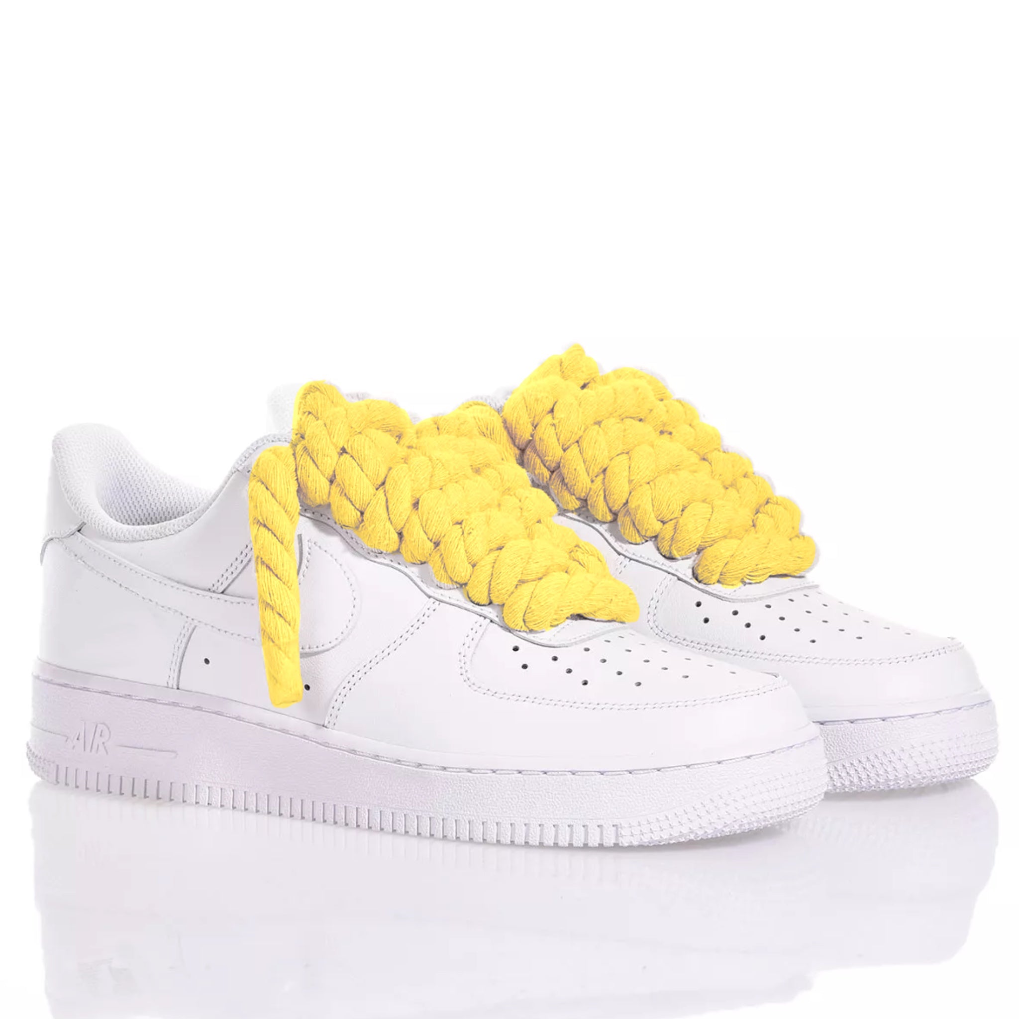 Nike AF1 with Thick Rope Laces – Custom Drilled Design. Yellow 10 mm rope laces inserted in classic white Nike AF1 sneakers 