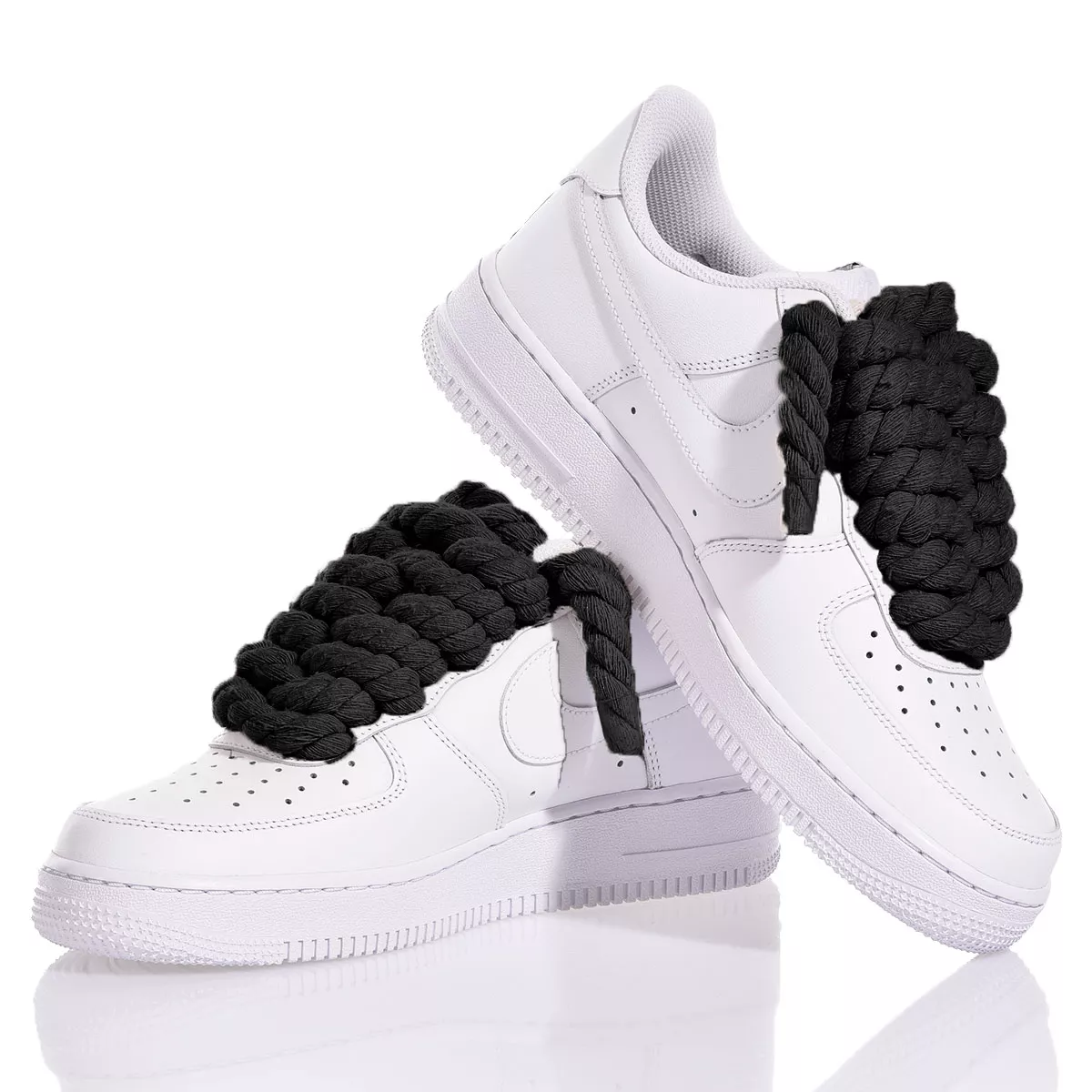 Nike AF1 with Thick Rope Laces – Custom Drilled Design. Black 10 mm rope laces inserted in classic white Nike AF1 sneakers 