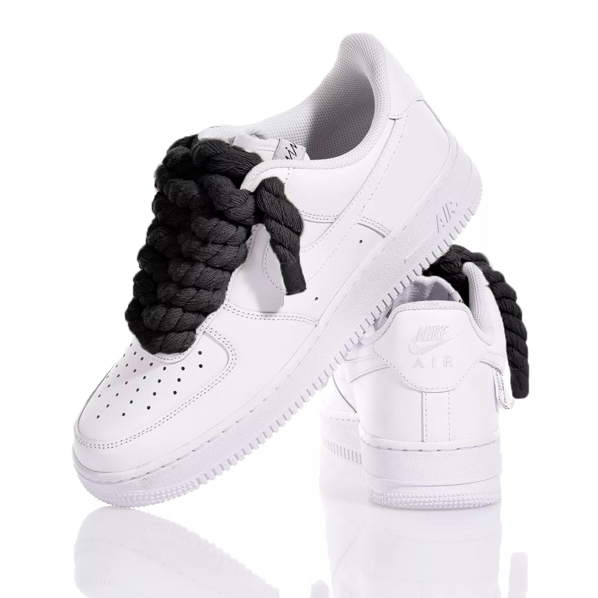 Nike AF1 with Thick Rope Laces – Custom Drilled Design. Black 10 mm rope laces inserted in classic white Nike AF1 sneakers 