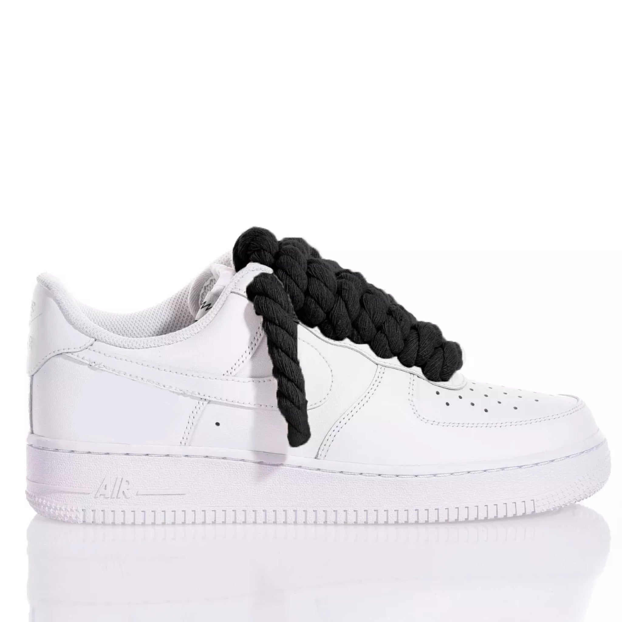 Nike AF1 with Thick Rope Laces – Custom Drilled Design. Black 10 mm rope laces inserted in classic white Nike AF1 sneakers 