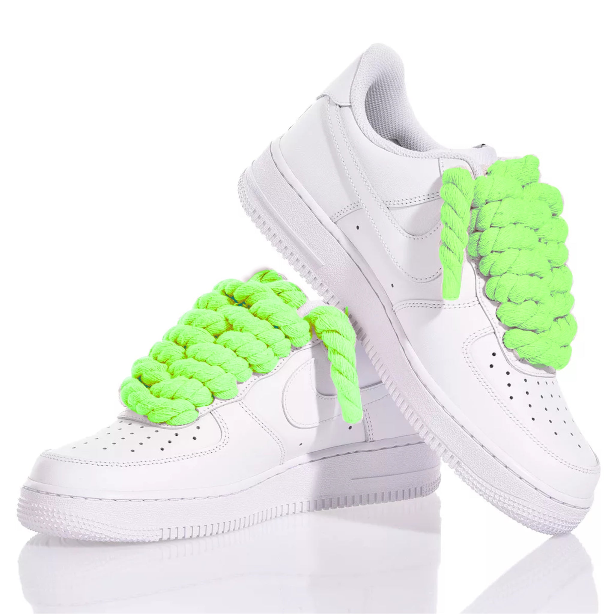 Nike AF1 with Thick Rope Laces – Custom Drilled Design. Neon Green 10 mm rope laces inserted in classic white Nike AF1 sneakers 