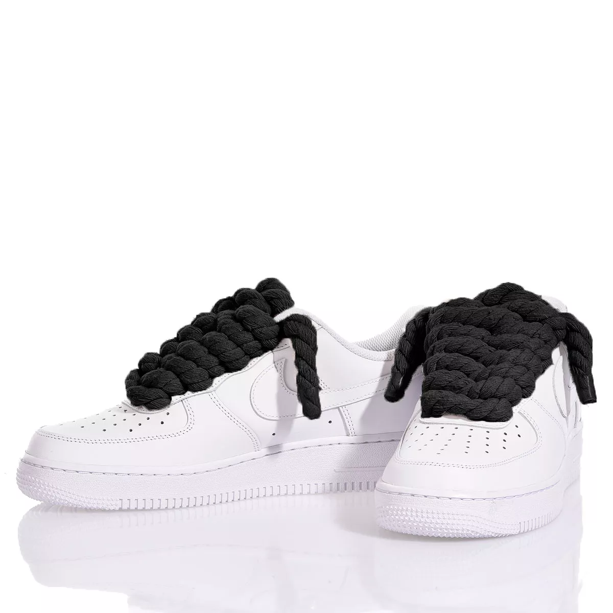 Nike AF1 with Thick Rope Laces – Custom Drilled Design. Black 10 mm rope laces inserted in classic white Nike AF1 sneakers 