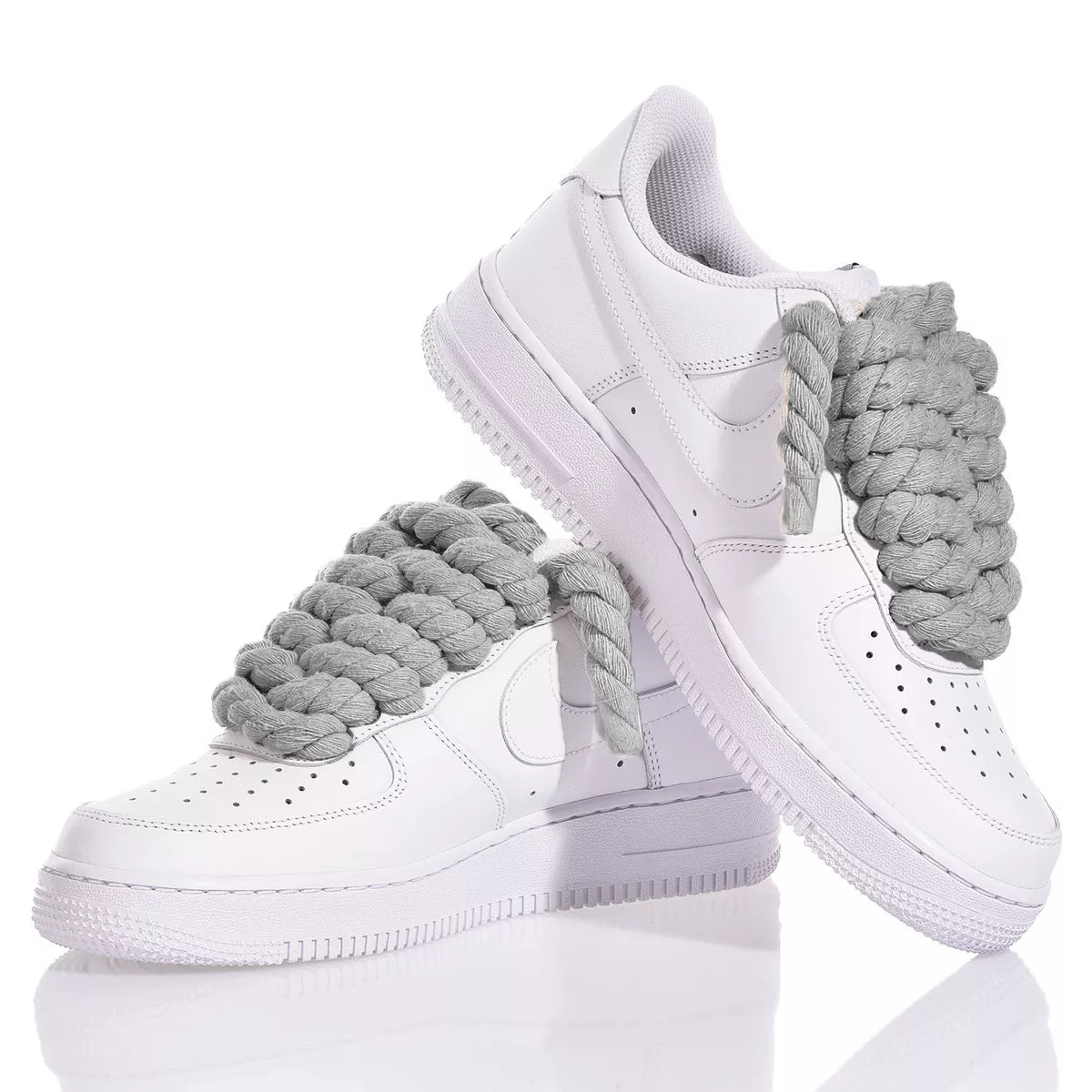 Nike AF1 with Thick Rope Laces – Custom Drilled Design with Gray shoelaces in white sneakers. 