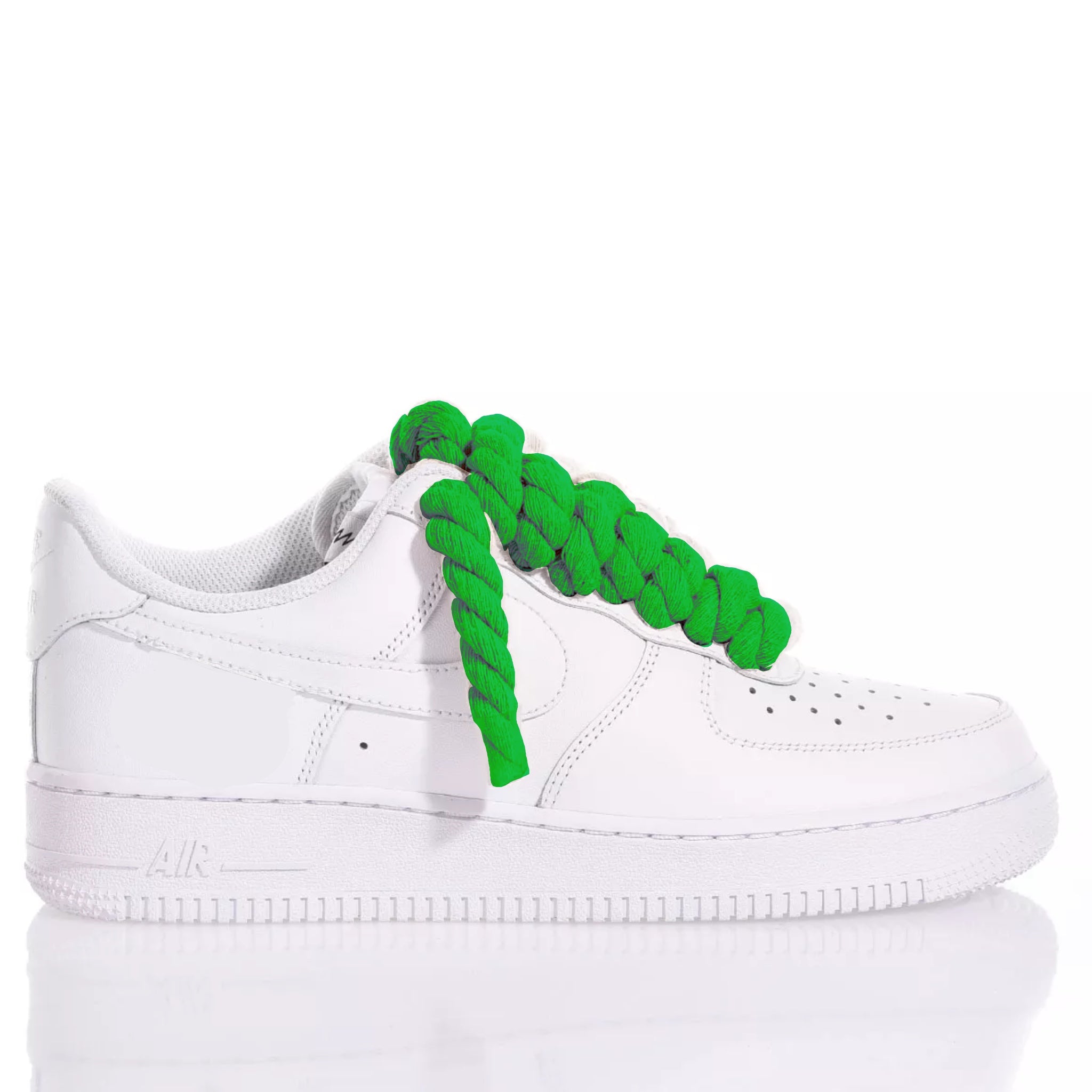 Nike AF1 with Thick Rope Laces – Custom Drilled Design with Green shoelaces in white sneakers. 