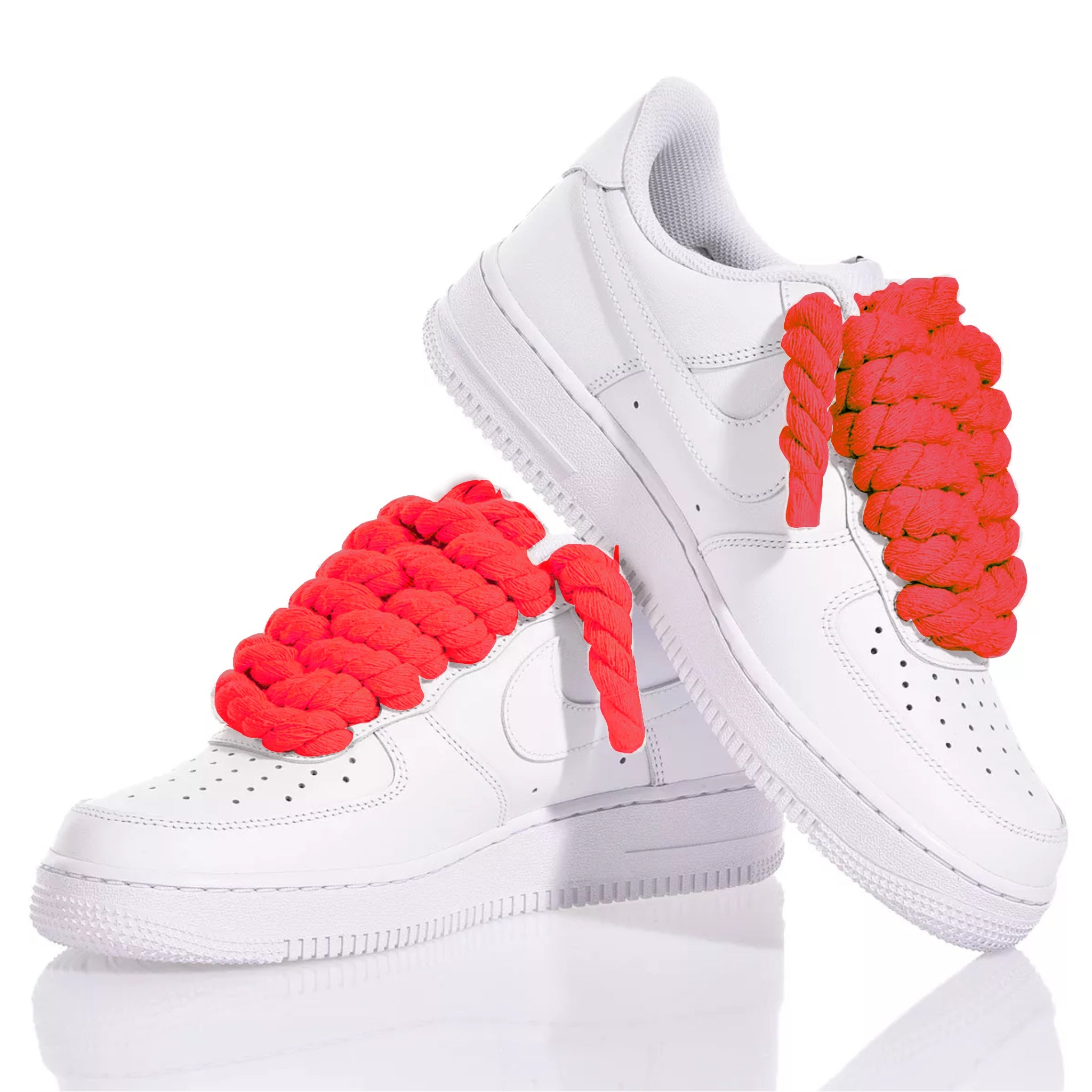 Nike AF1 with Thick Rope Laces – Custom Drilled Design with thick red rope shoelaces in white sneakers