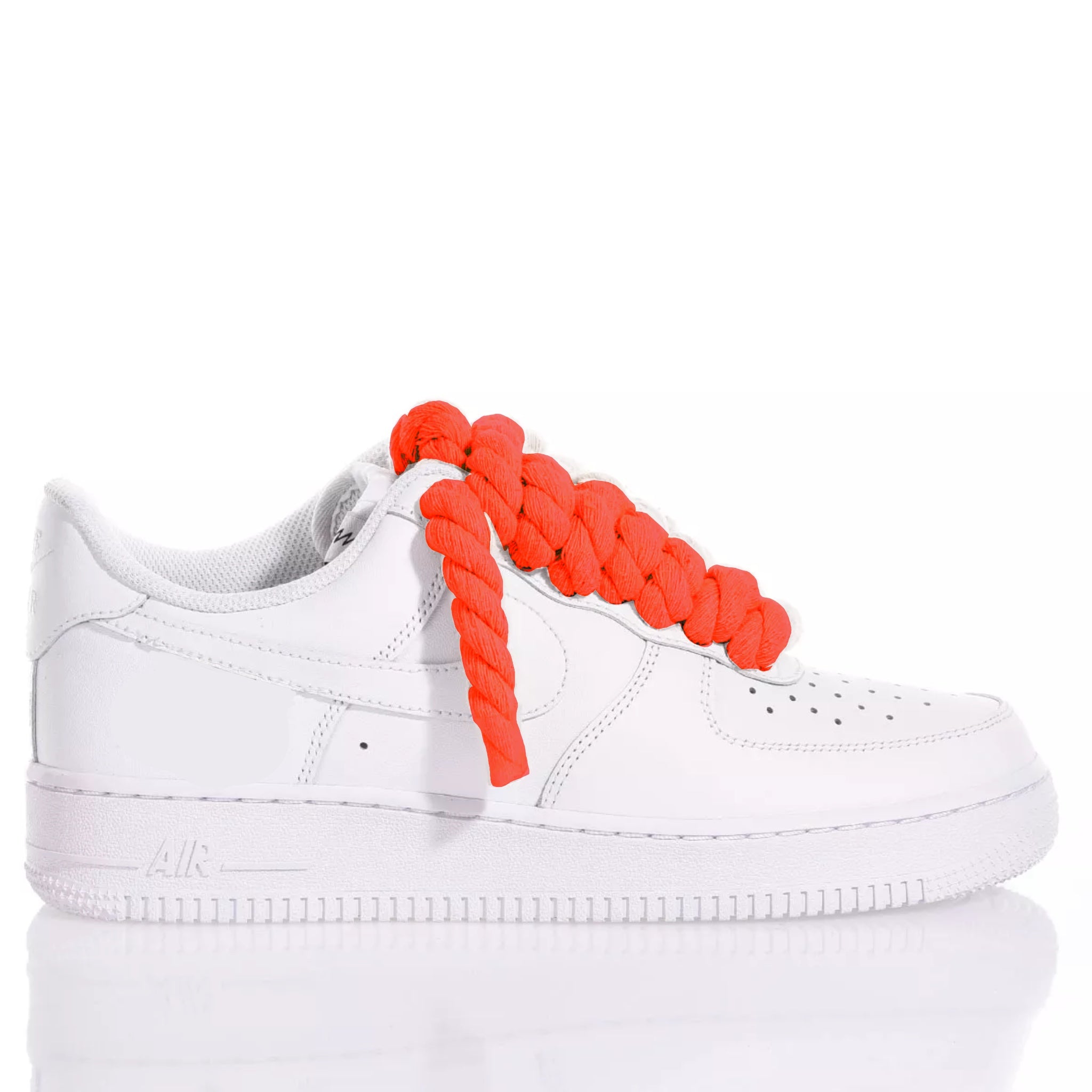 Nike AF1 with Thick Rope Laces – Custom Drilled Design with thick red rope shoelaces in white sneakers