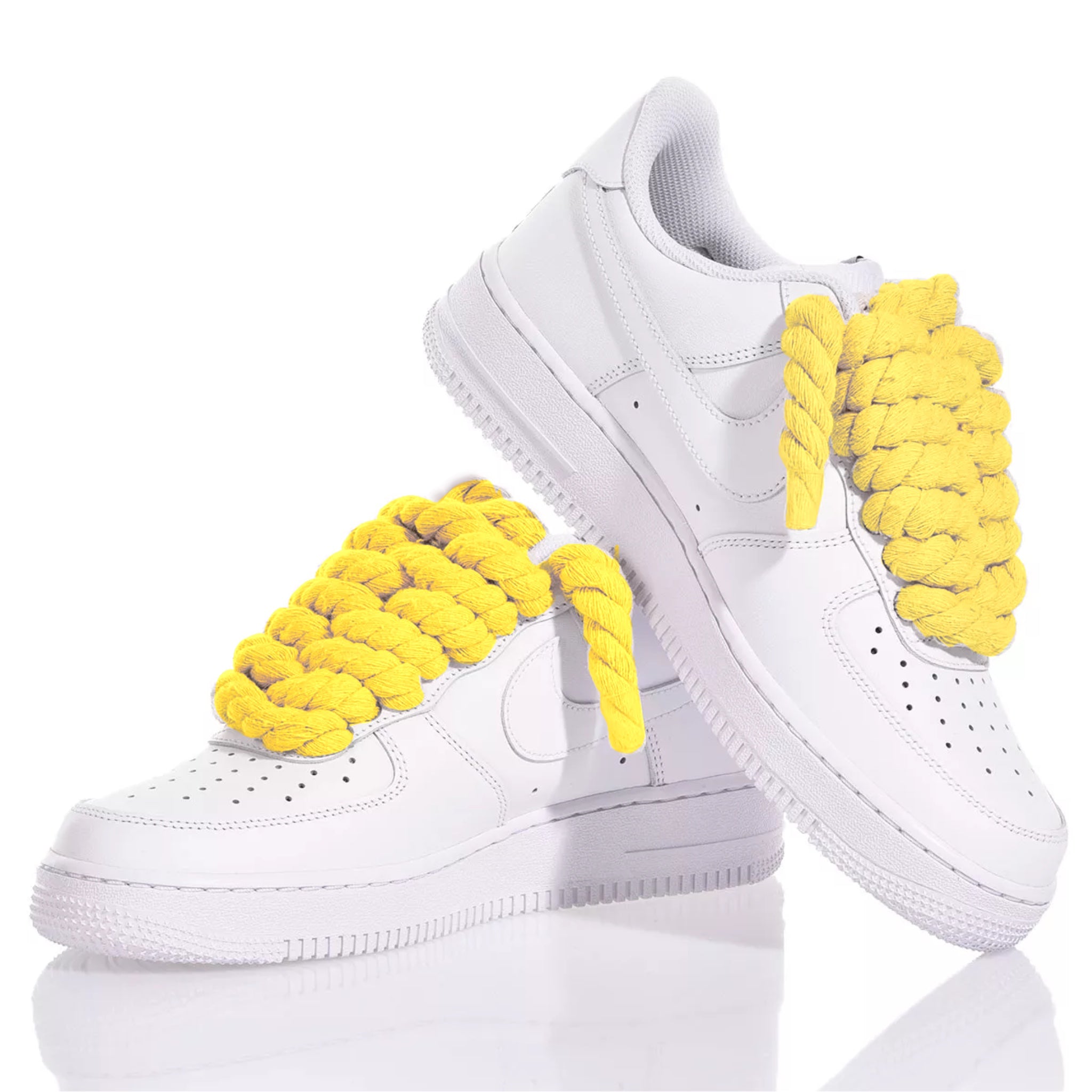 Nike AF1 with Thick Rope Laces – Custom Drilled Design. Yellow 10 mm rope laces inserted in classic white Nike AF1 sneakers 