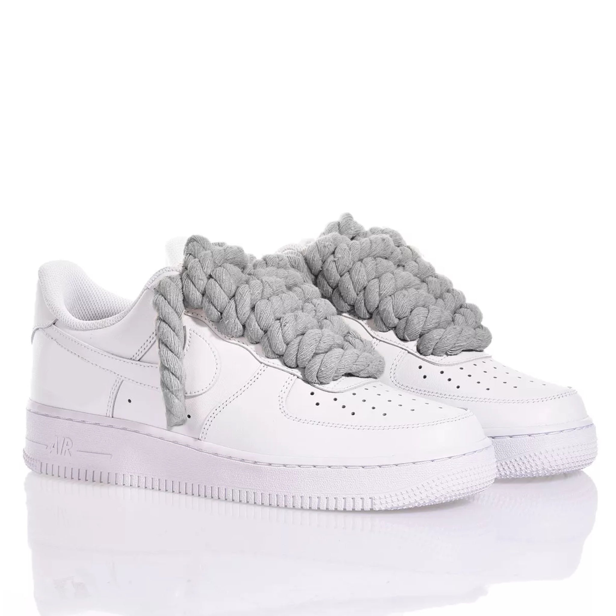 Nike AF1 with Thick Rope Laces – Custom Drilled Design with Gray shoelaces in white sneakers. 