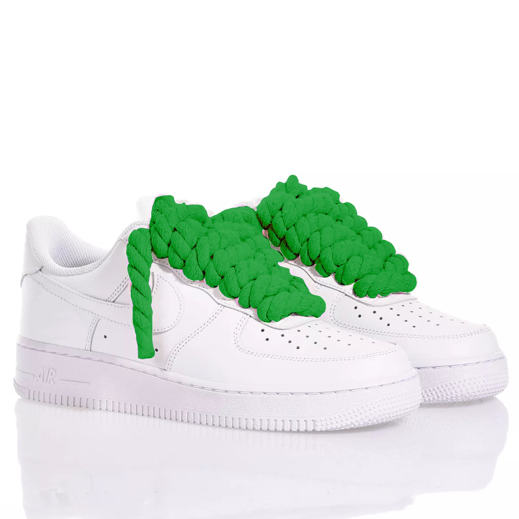 Nike AF1 with Thick Rope Laces – Custom Drilled Design with Green shoelaces in white sneakers. 