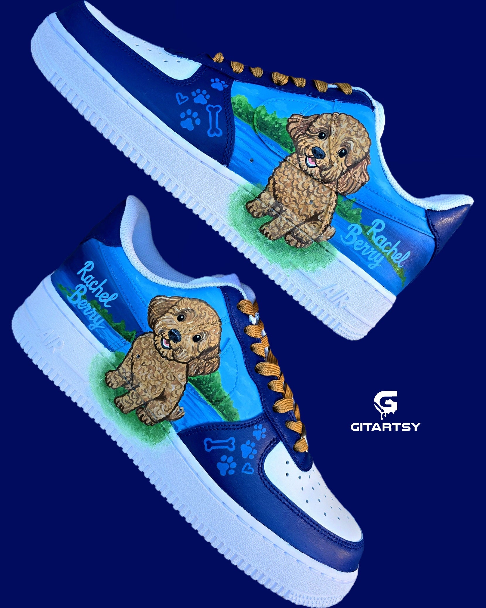 Custom Nike Air Force 1 sneakers 🐾 hand-painted with a detailed toy poodle pet portrait, featuring a caramel-colored curly-haired dog sitting in a grassy field with a blue sky and lake background. Includes the pet’s name in stylish script, paw prints, bones, and heart icons, all painted on a blue and navy color-block base with golden-brown laces. Each pair is personalized to match your pet’s likeness and crafted using durable, waterproof leather paints, making them wearable art for dog lovers.

