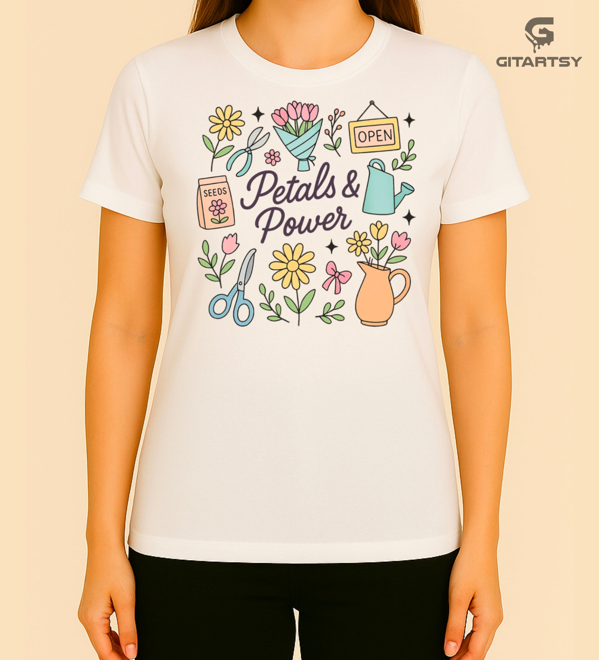 Petals & Power Florist T-Shirt – Cute Pastel Flower Illustration Tee for Florists & Plant Lovers – white tshirt with pastel coloured florist designs