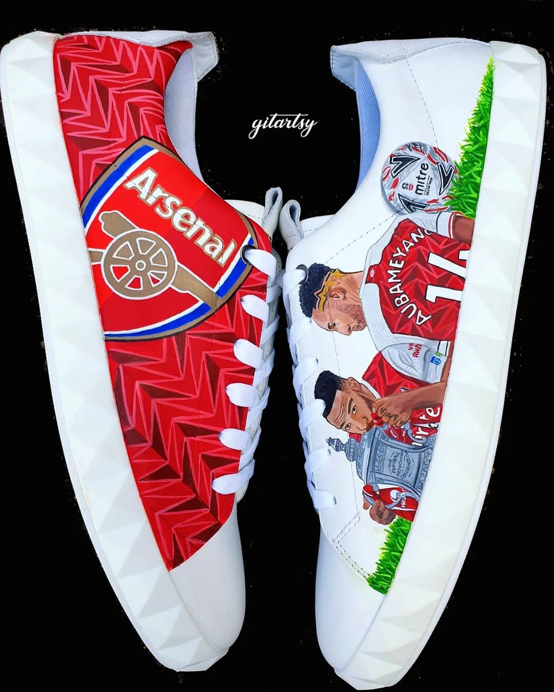 Realistic portraits of footballer Pierre-Emerick Aubameyang and Arsenal FC logo hand painted on white Armani sneakers shoes