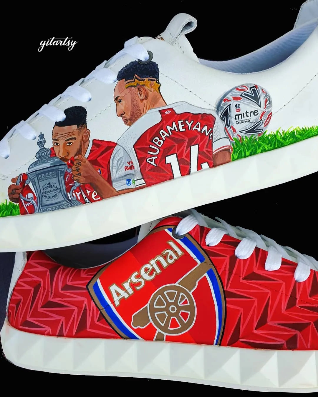 Realistic portraits of footballer Pierre-Emerick Aubameyang and Arsenal FC logo hand painted on white Armani sneakers shoes
