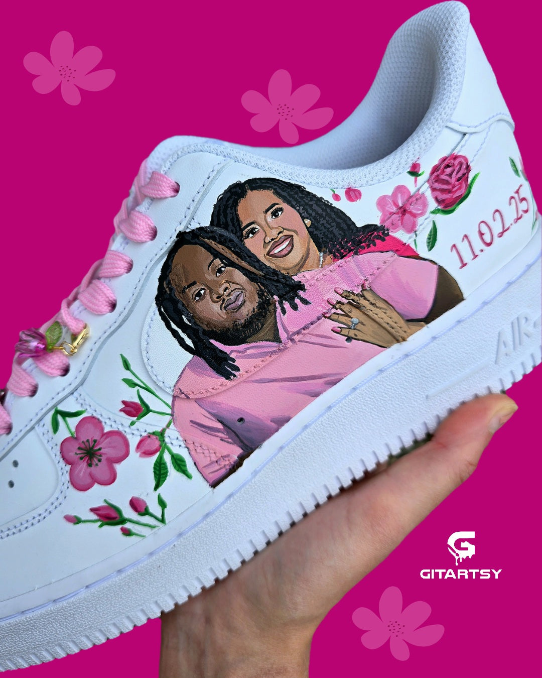 Hand-painted custom Nike Air Force 1 wedding sneakers featuring "Mr. & Mrs." text, pink floral artwork, optional bride and groom portrait, and romantic personalized detailing; ideal for weddings, anniversaries, and bridal events; white AF1 base with pink laces and custom florals.

