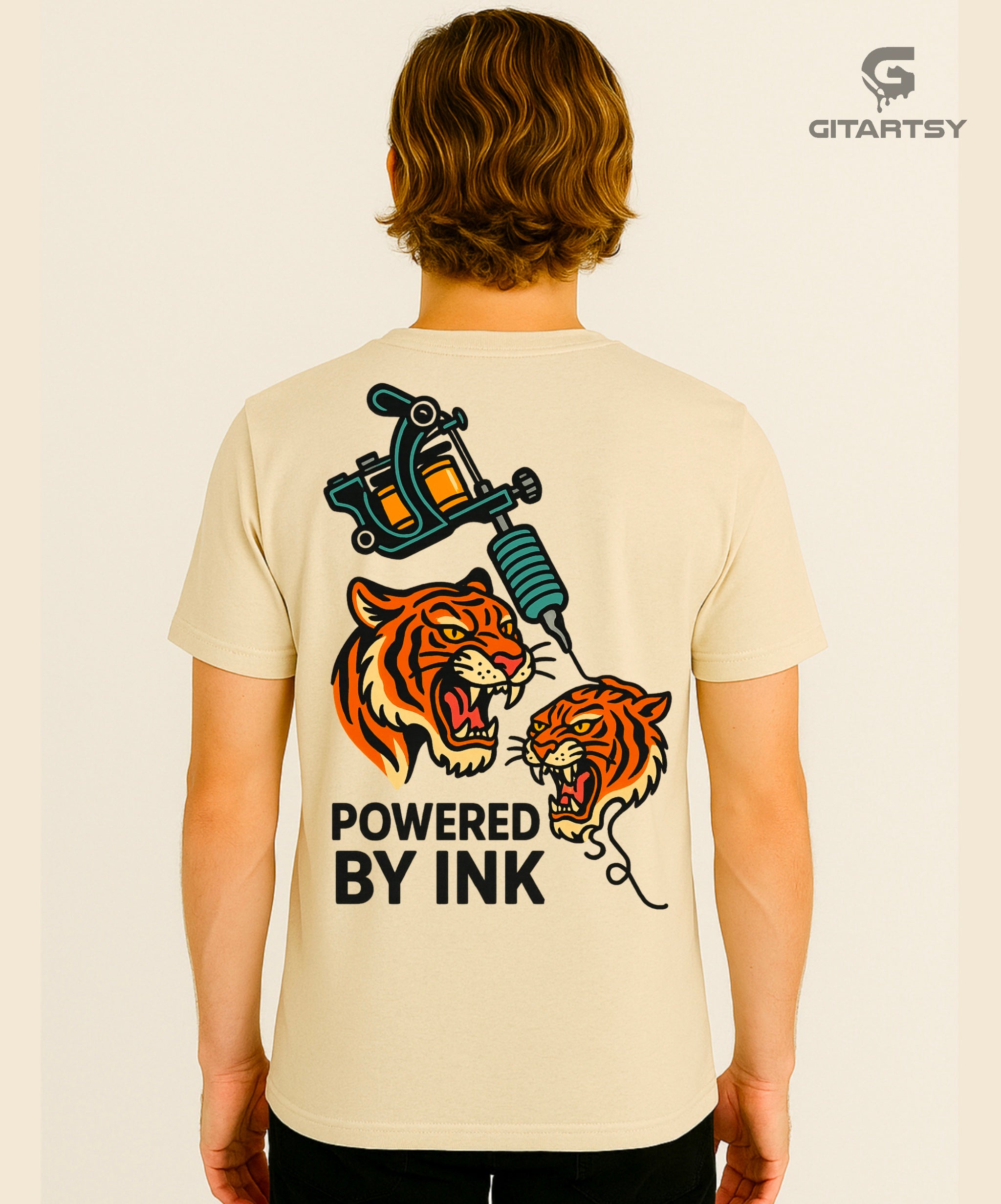Powered by Ink Tattoo Artist T-Shirt – Beige Unisex Tee with Vibrant Tiger &  Tattoo Gun Design beige