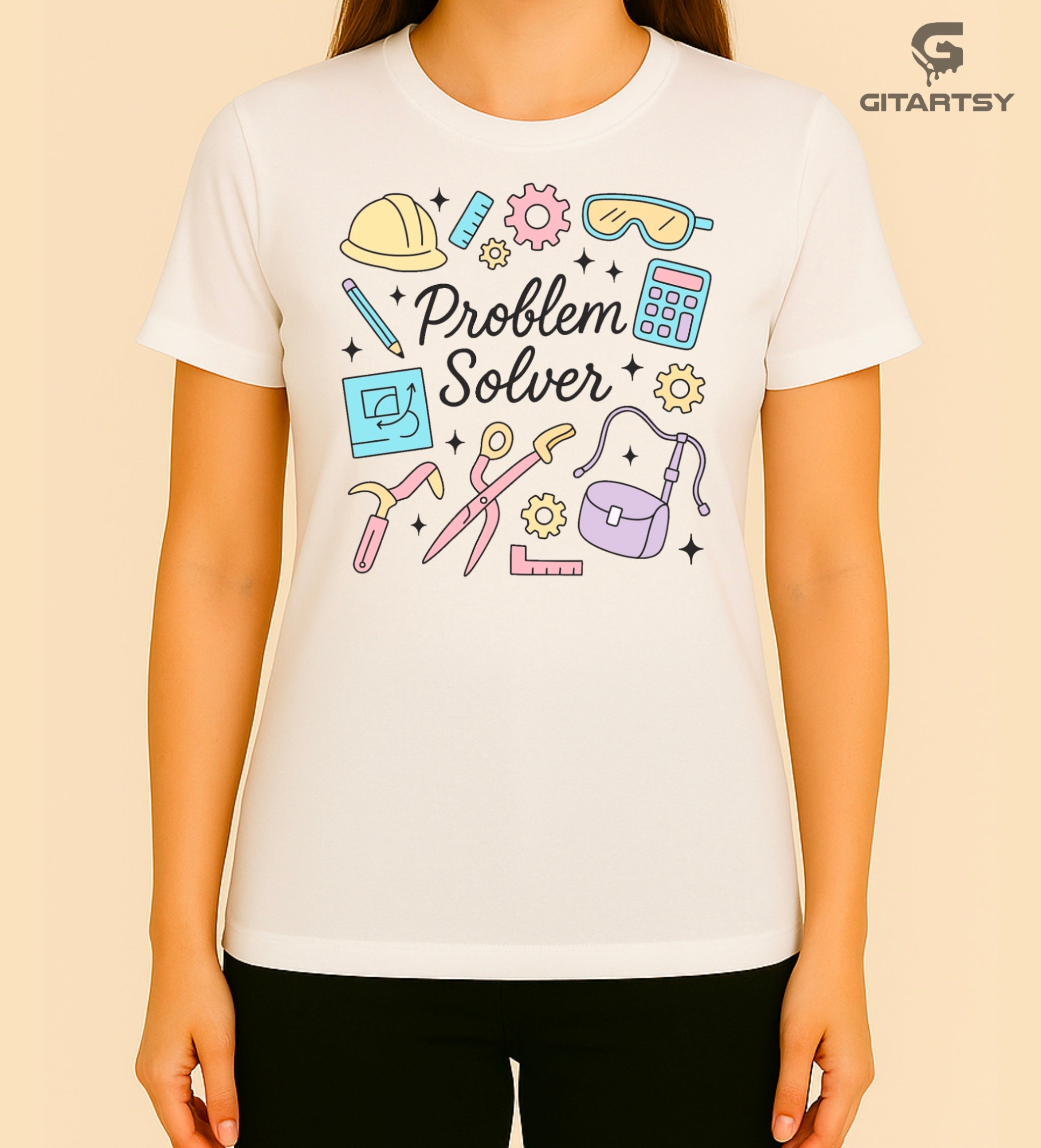 Pastel graphic T-shirt with "Problem Solver" text surrounded by icons of tools, calculator, hard hat, and ruler – ideal for handywomen, DIY lovers, and engineers.