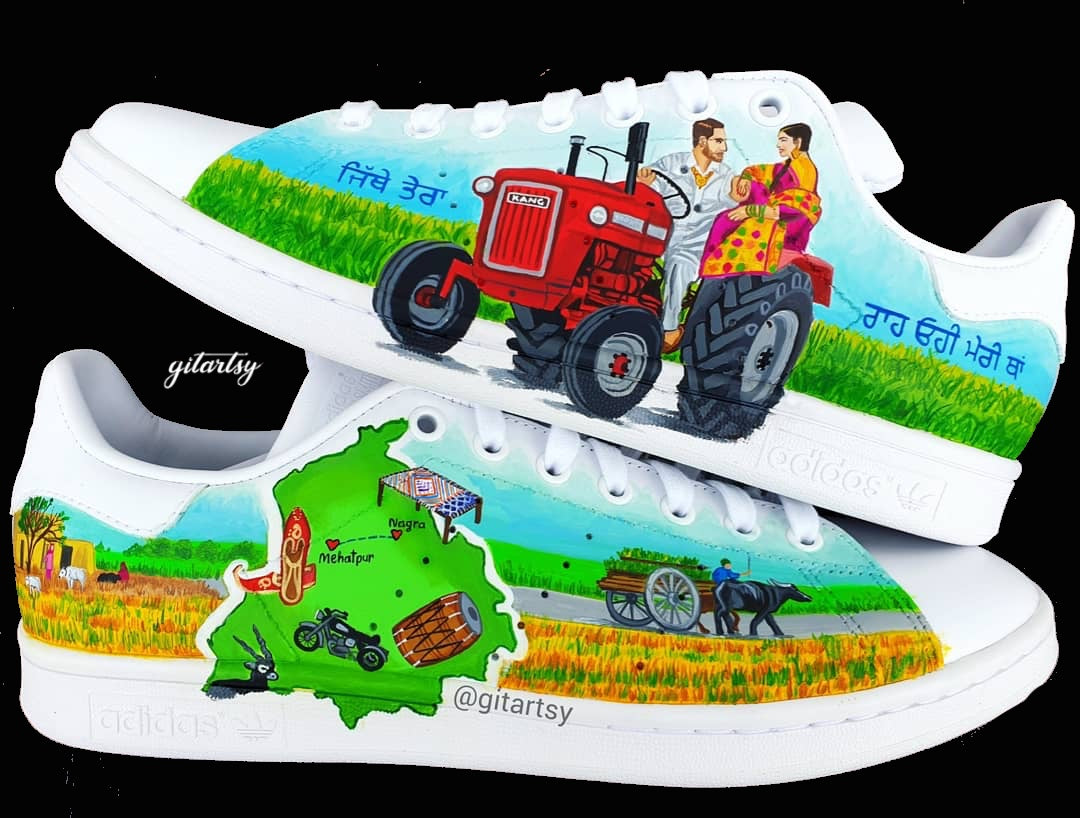 Punjabi Couple Wedding Love Story – Bridal Custom adidas Sneakers with Punjab Map & Pind Details UK 9