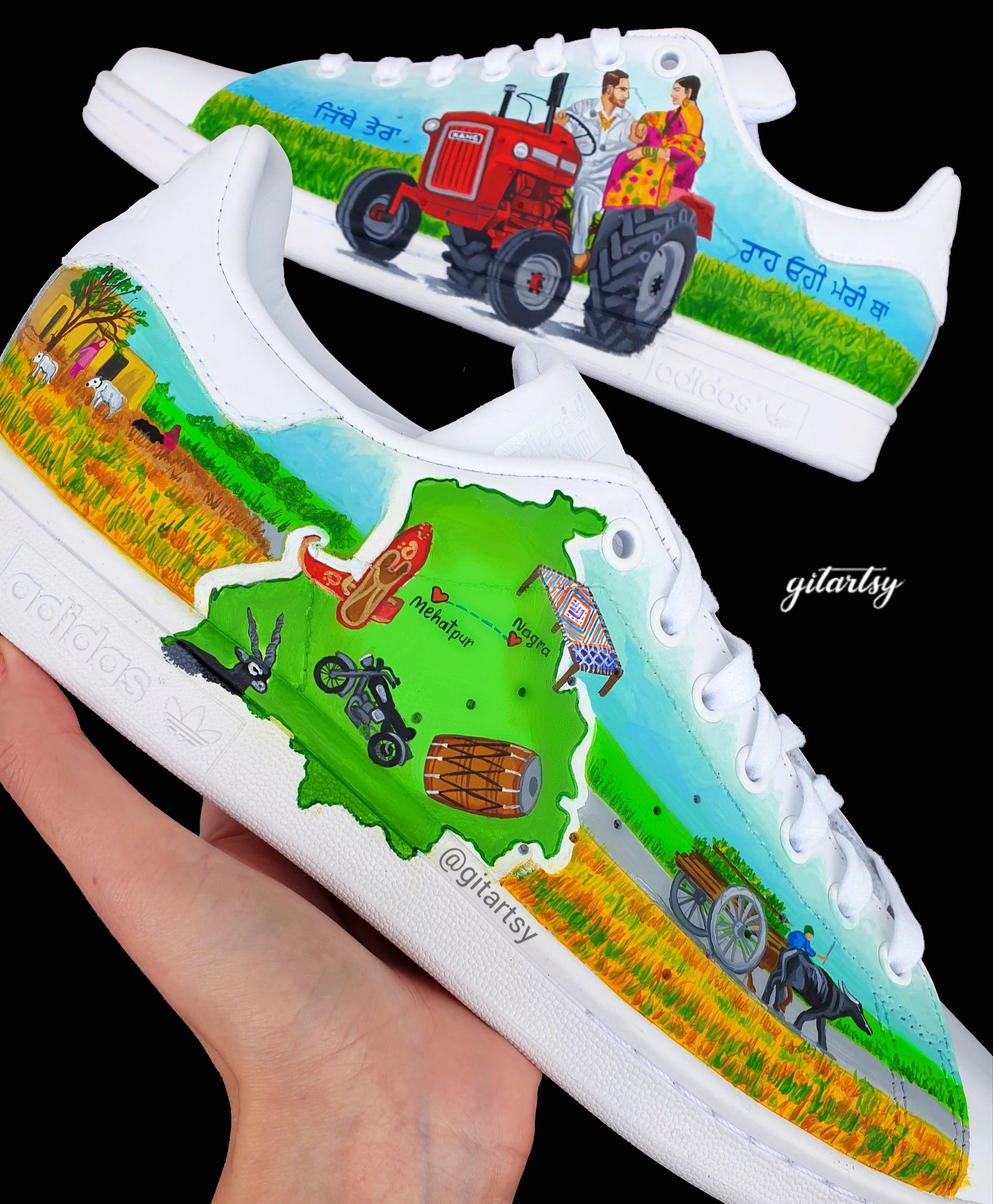 Punjabi Couple Wedding Love Story – Bridal Custom adidas Sneakers with Punjab Map & Pind Details UK 9