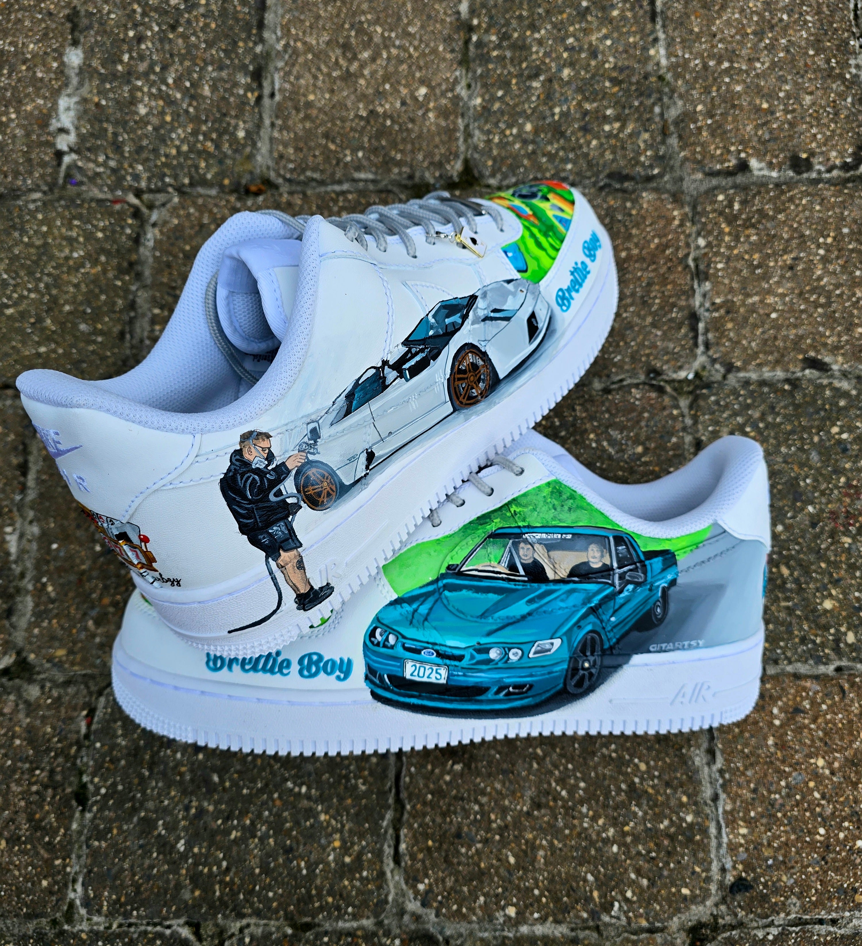 Custom hand-painted Nike Air Force 1 sneakers featuring a Lamborghini-inspired design 🏎️ and spray painter artwork 🎨. Created by Gitartsy using premium leather paints, sealed for durability, and fully customisable with personal details such as car models, colors, and text. Perfect for car enthusiasts 🚗, sneaker collectors 👟, and streetwear lovers seeking one-of-a-kind footwear.

