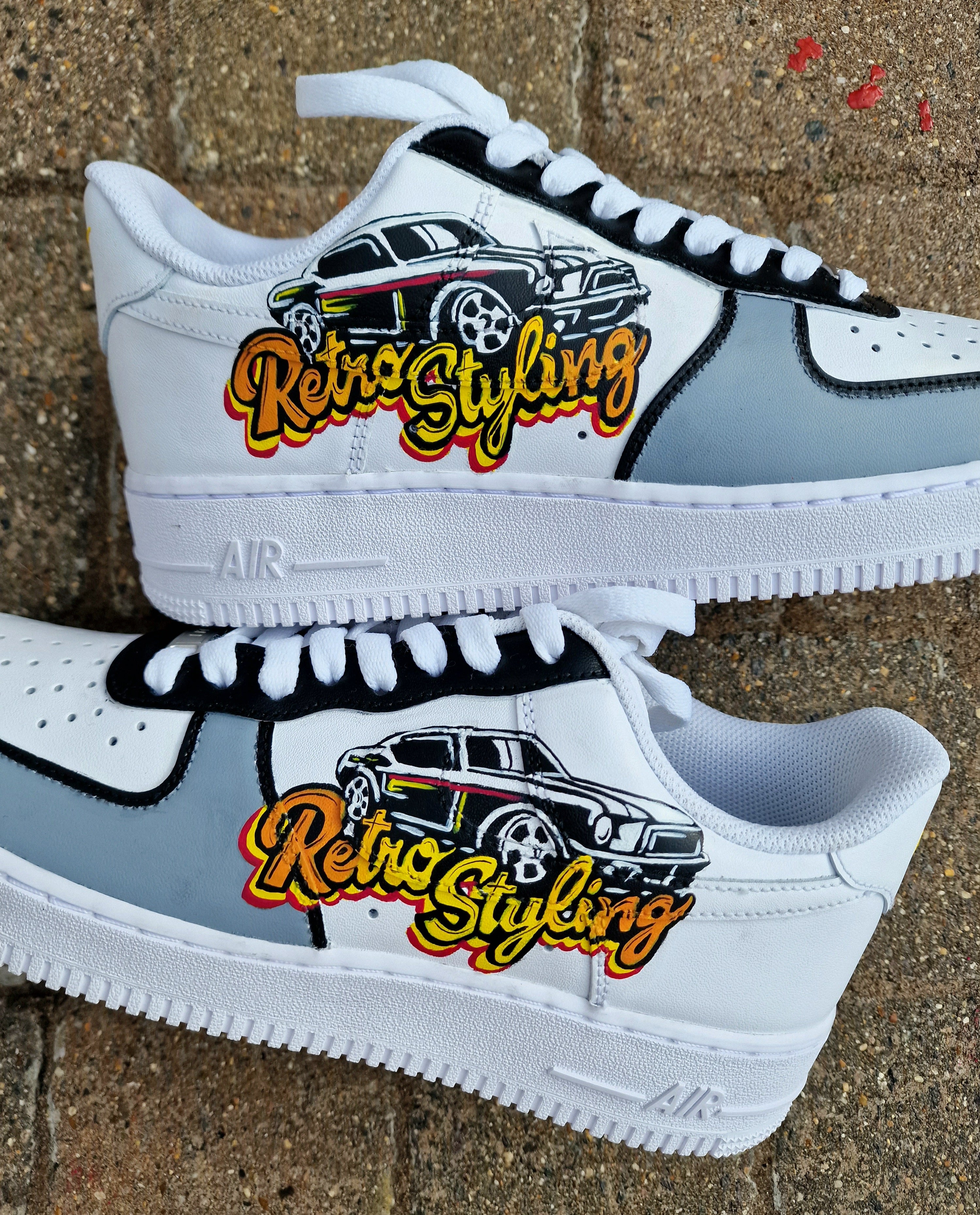 Retro Styling automotive brand -  custom hand painted sneakers for businesses and brands  - unique branding shoes 