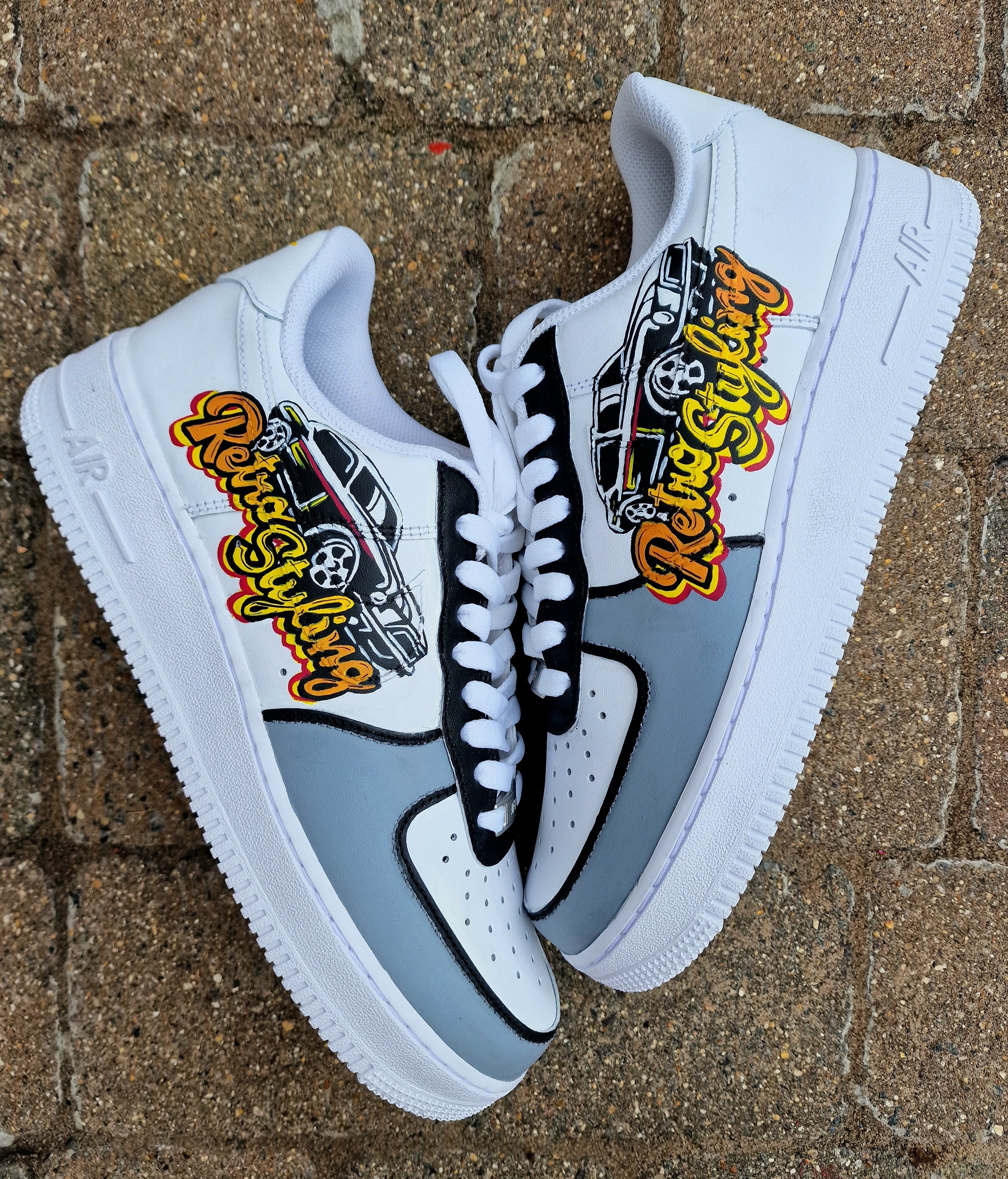 Retro Styling automotive brand -  custom hand painted sneakers for businesses and brands  - unique branding shoes 