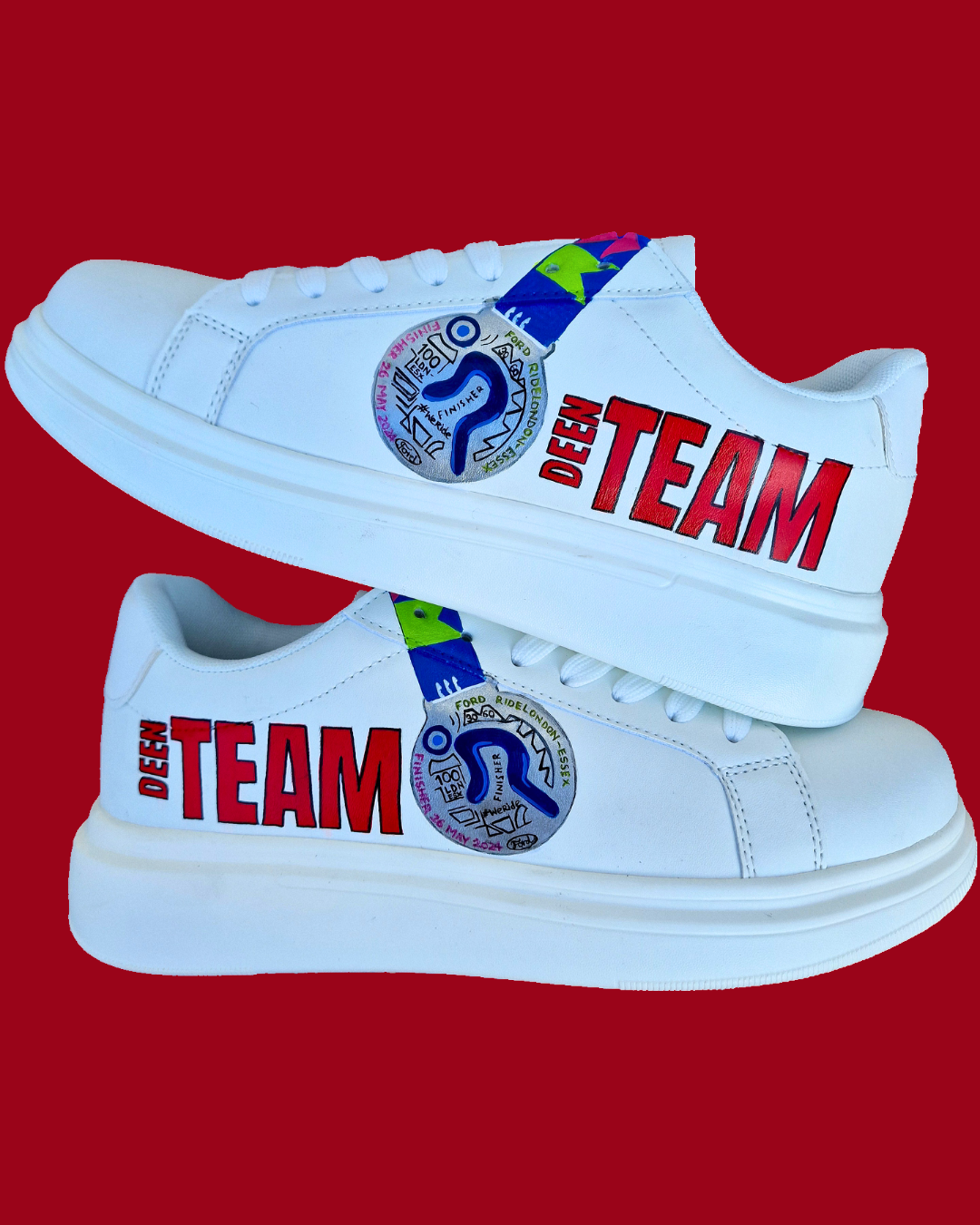 Ride London sneakers - hand painted custom sneakers for businesses and brands - athletes - unique branding shoes - The Deen Team