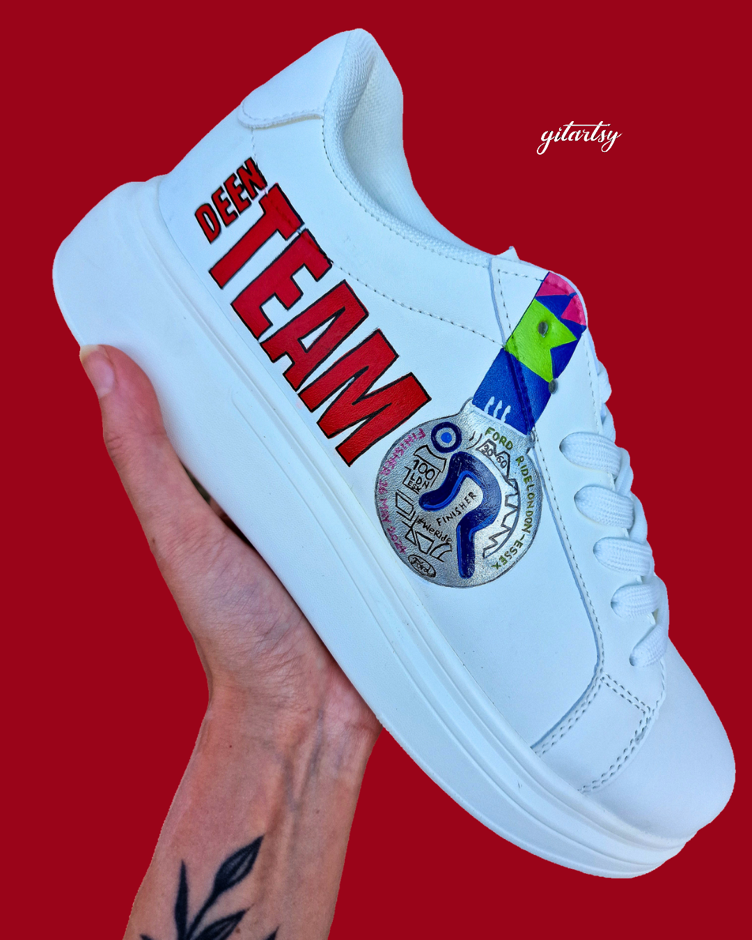 Ride London sneakers - hand painted custom sneakers for businesses and brands - athletes - unique branding shoes - The Deen Team