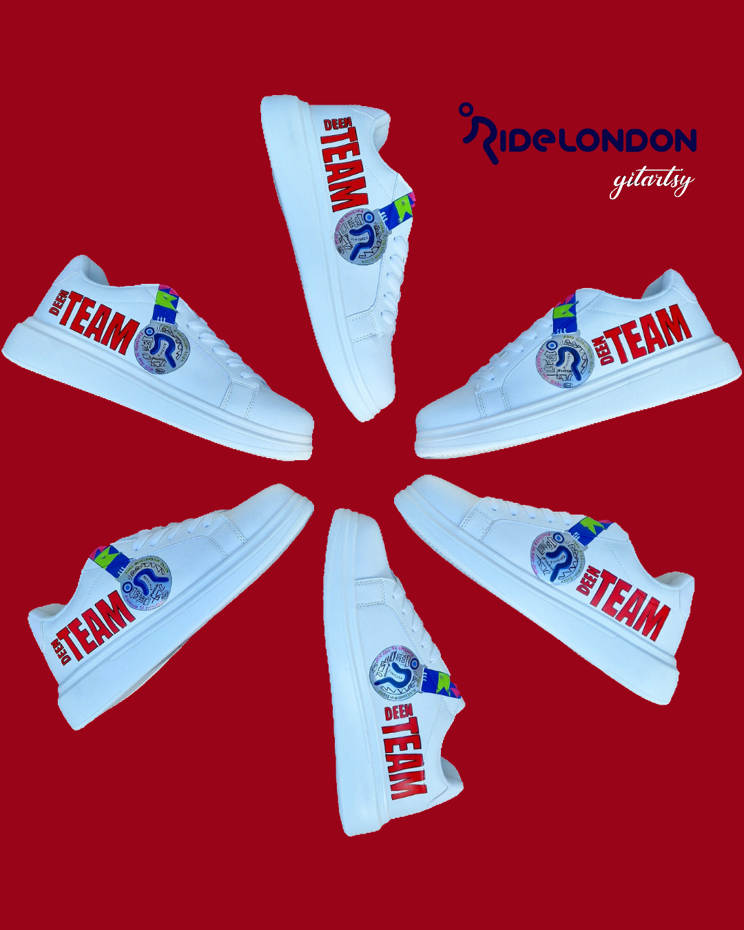 Ride London sneakers - hand painted custom sneakers for businesses and brands - athletes - unique branding shoes - The Deen Team