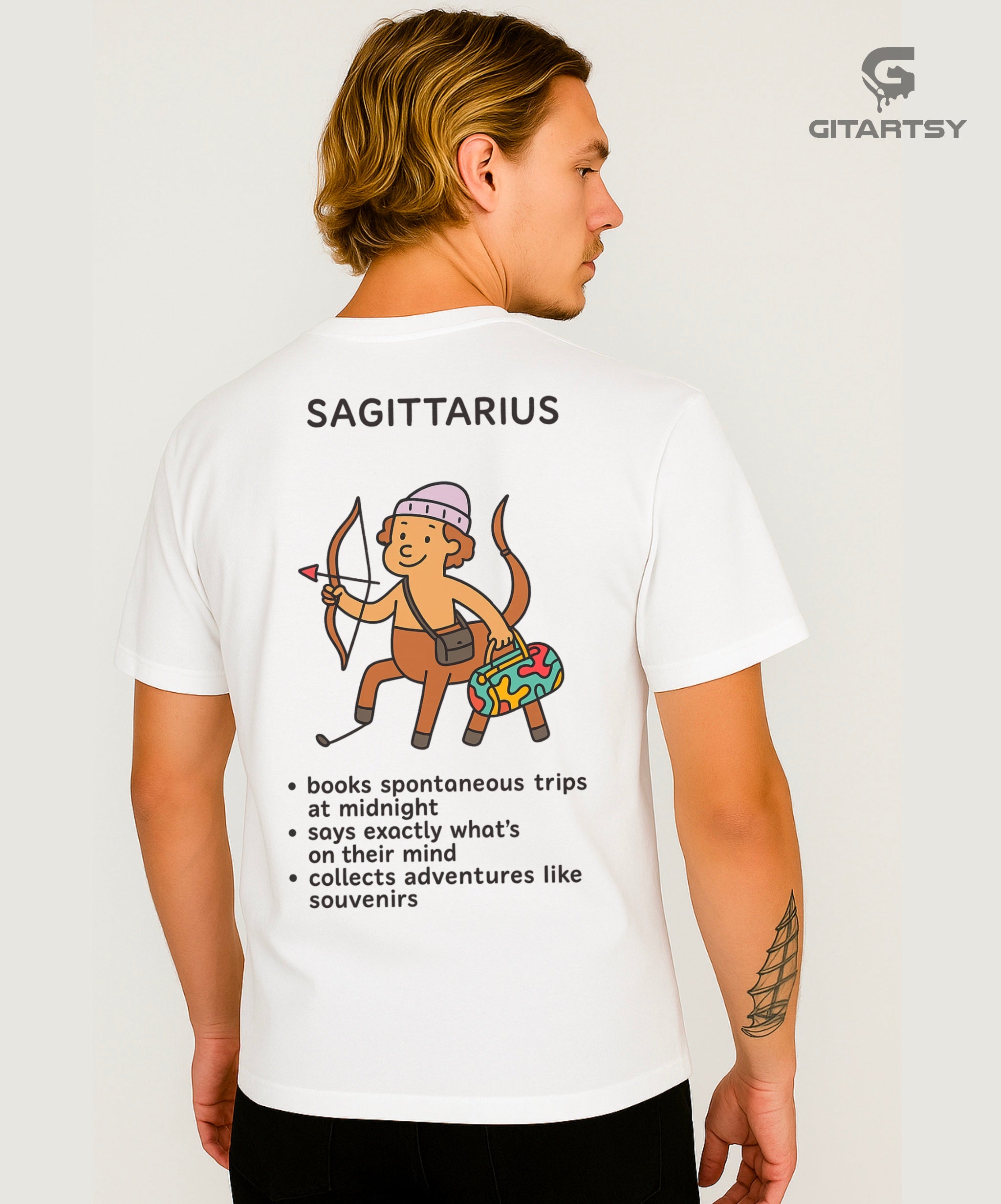 Sagittarius Zodiac Sign T-Shirt – Funny Travel-Loving Cartoon Tee (Unisex) white. Reads : books spontaneous trips an says exactly whats on their mind
