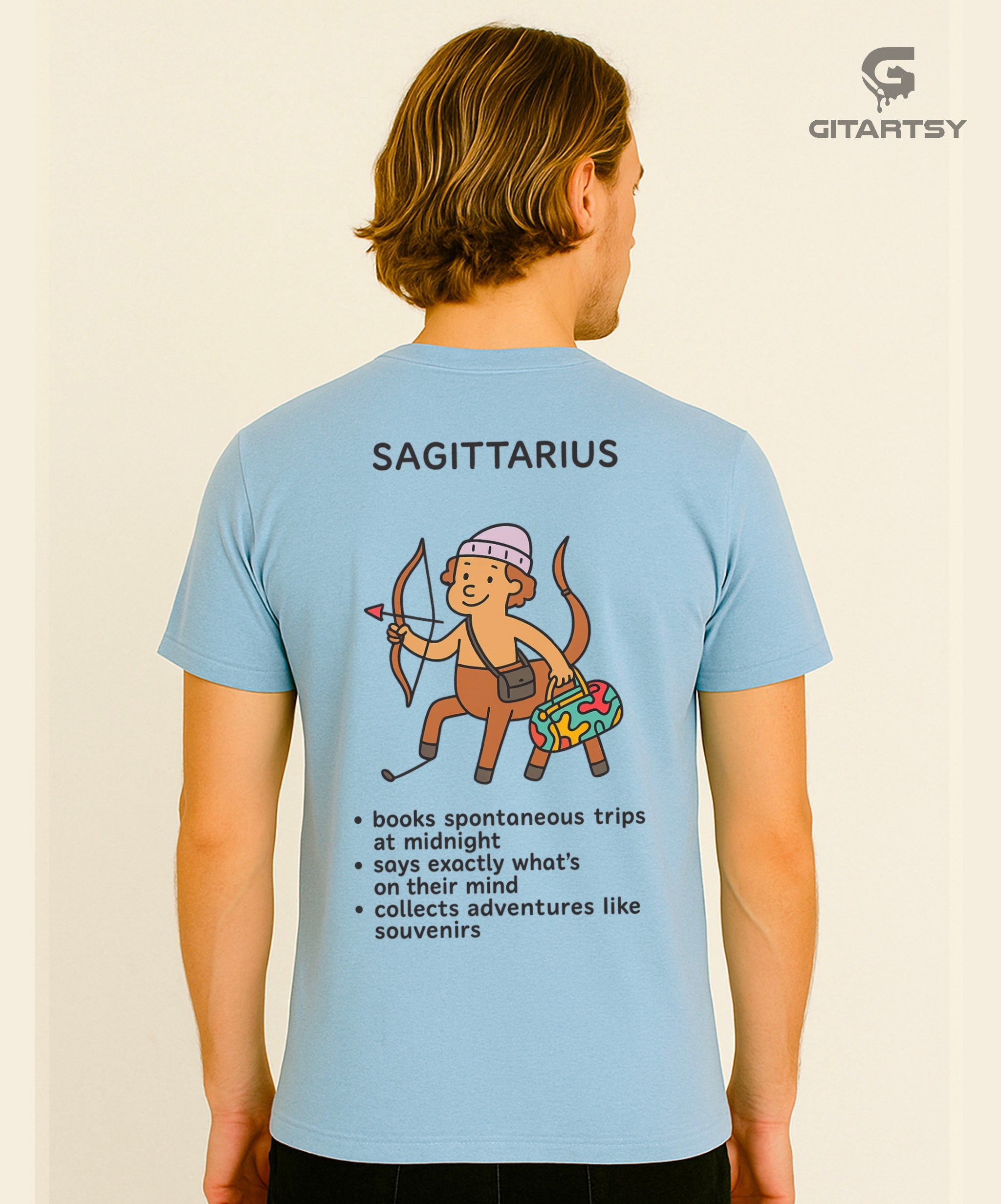 Sagittarius Zodiac Sign T-Shirt – Funny Travel-Loving Cartoon Tee (Unisex) blue