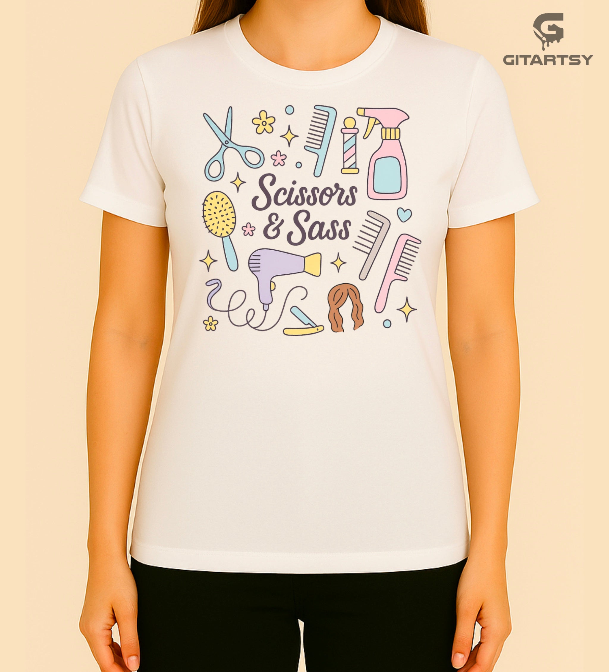 T-shirt featuring salon tools, scissors, hairdryer and combs in pastel colours. Perfect for hairdressers, salon owners, stylists etc